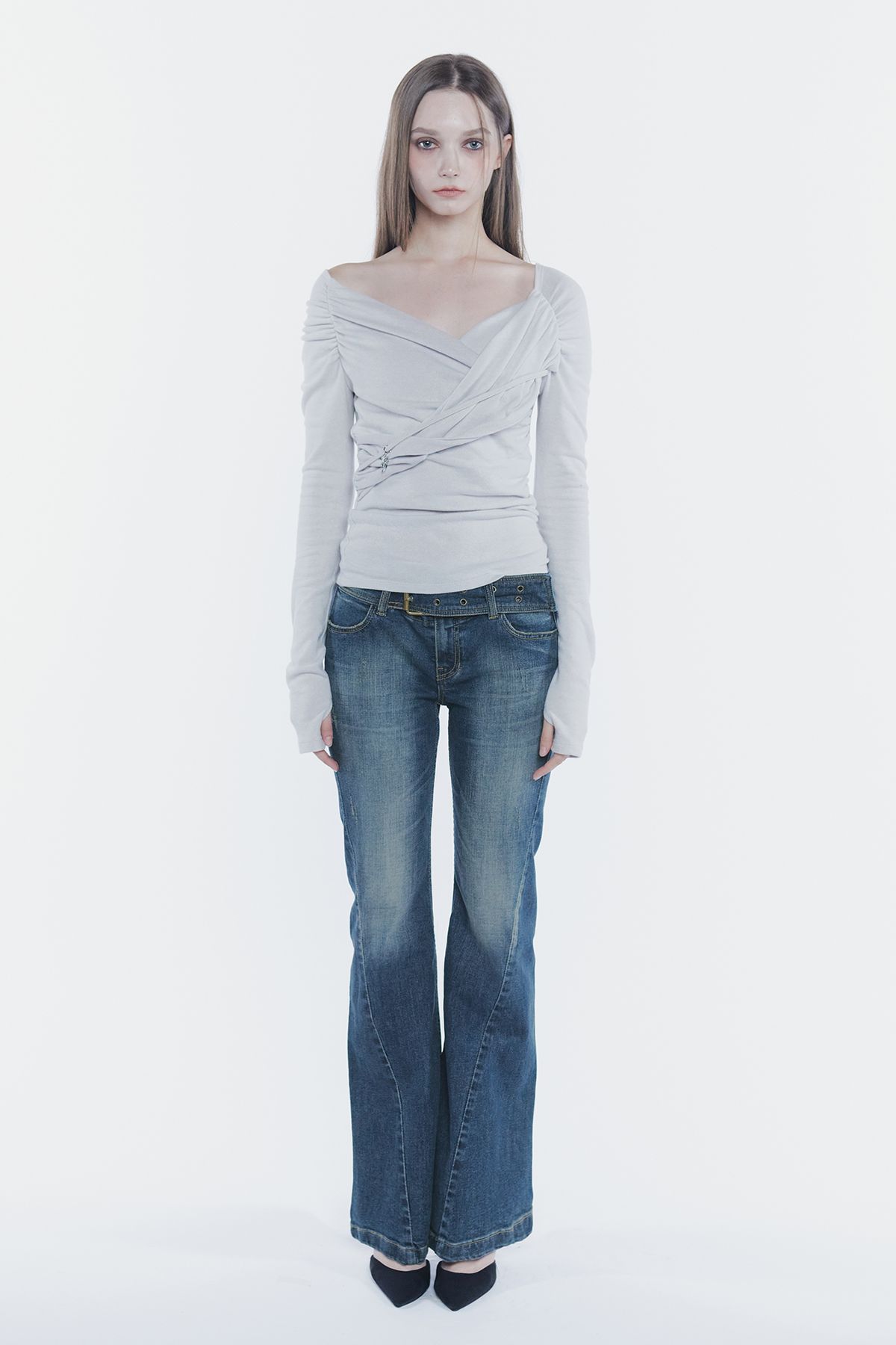 페인오어플레져(PAINORPLEASURE) VERA BELTED BOOT-CUT DENIM blue