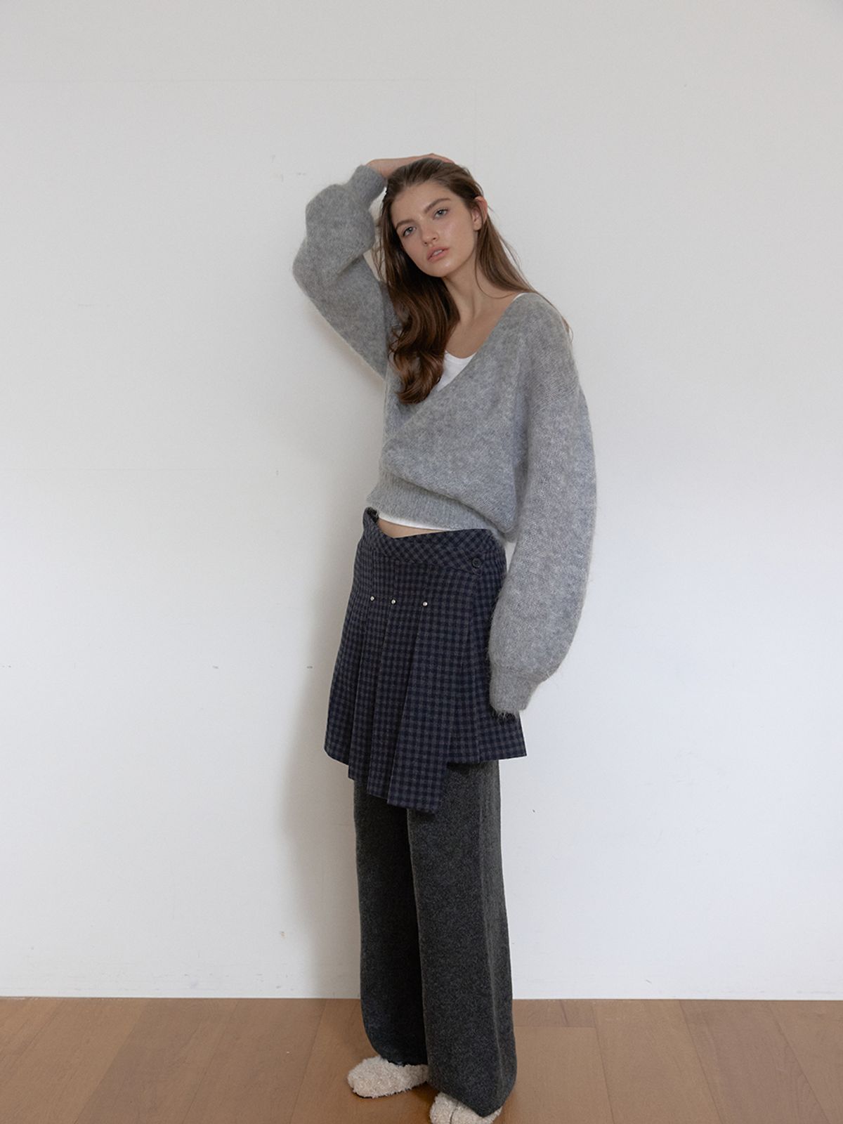 아수라(ASURA) WOOL RIVET PLEATS LAP SKIRT (CHECK)