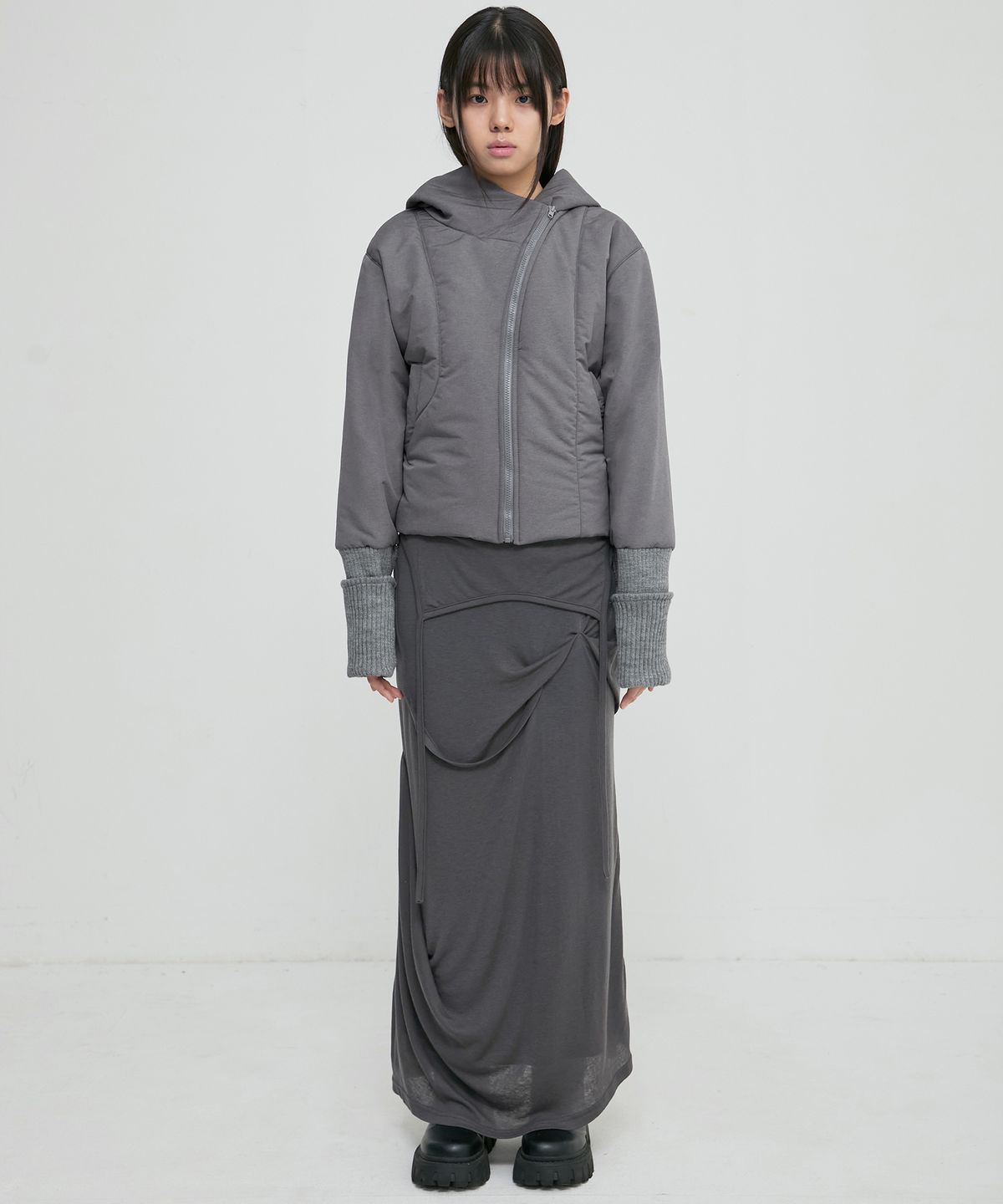 플레어업(FLAREUP) Hooded Asymmetrical Puffer Jacket (FL-053_Gray)