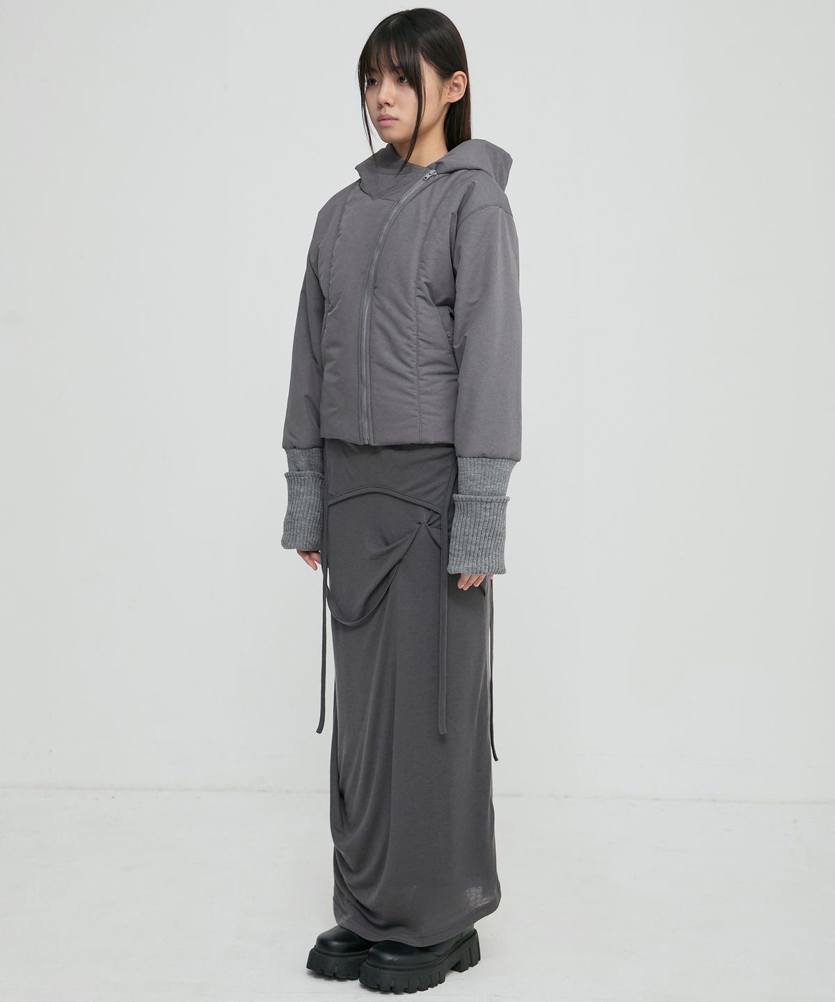 플레어업(FLAREUP) Hooded Asymmetrical Puffer Jacket (FL-053_Gray)