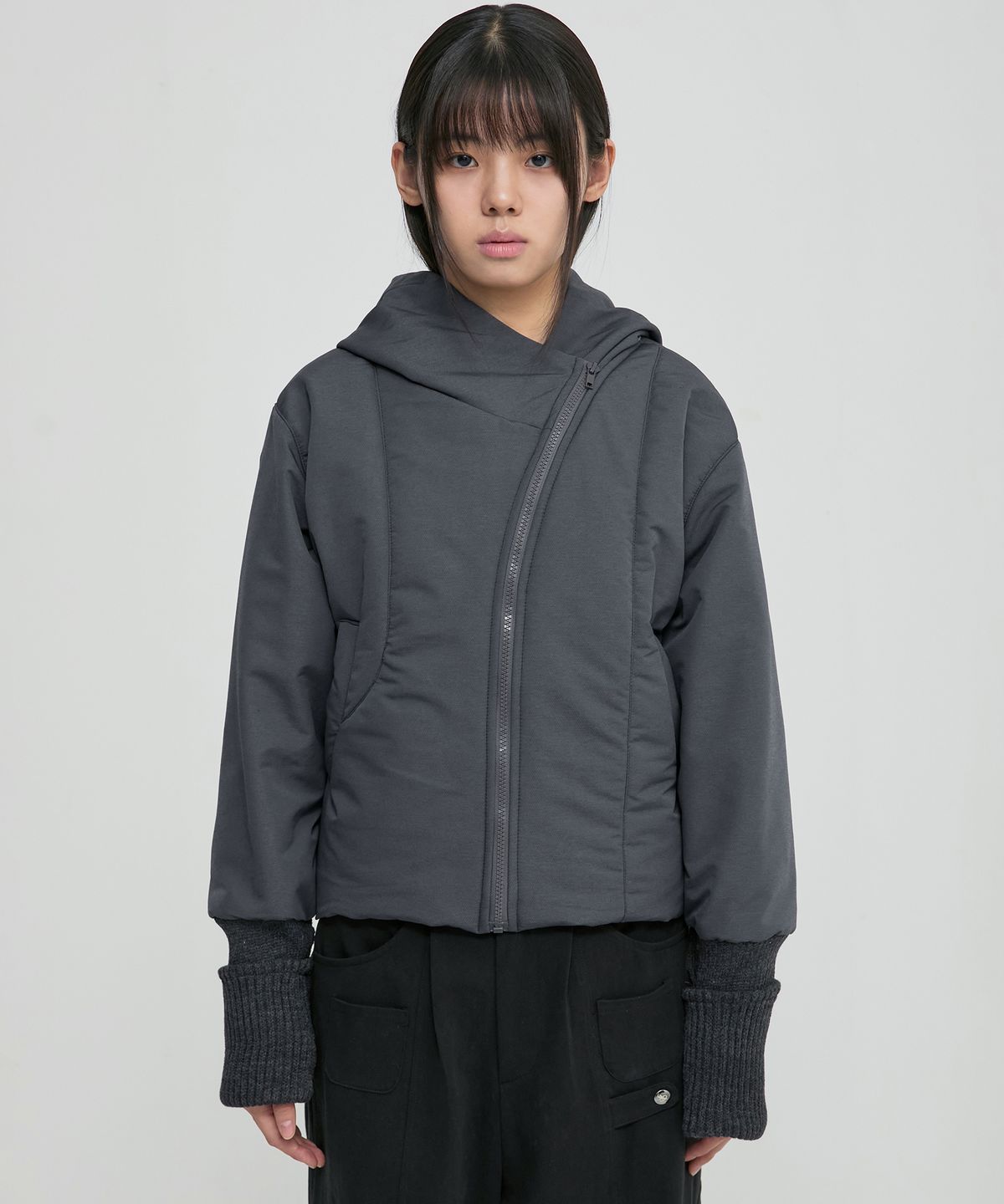 플레어업(FLAREUP) Hooded Asymmetrical Puffer Jacket (FL-053_Charcoal)
