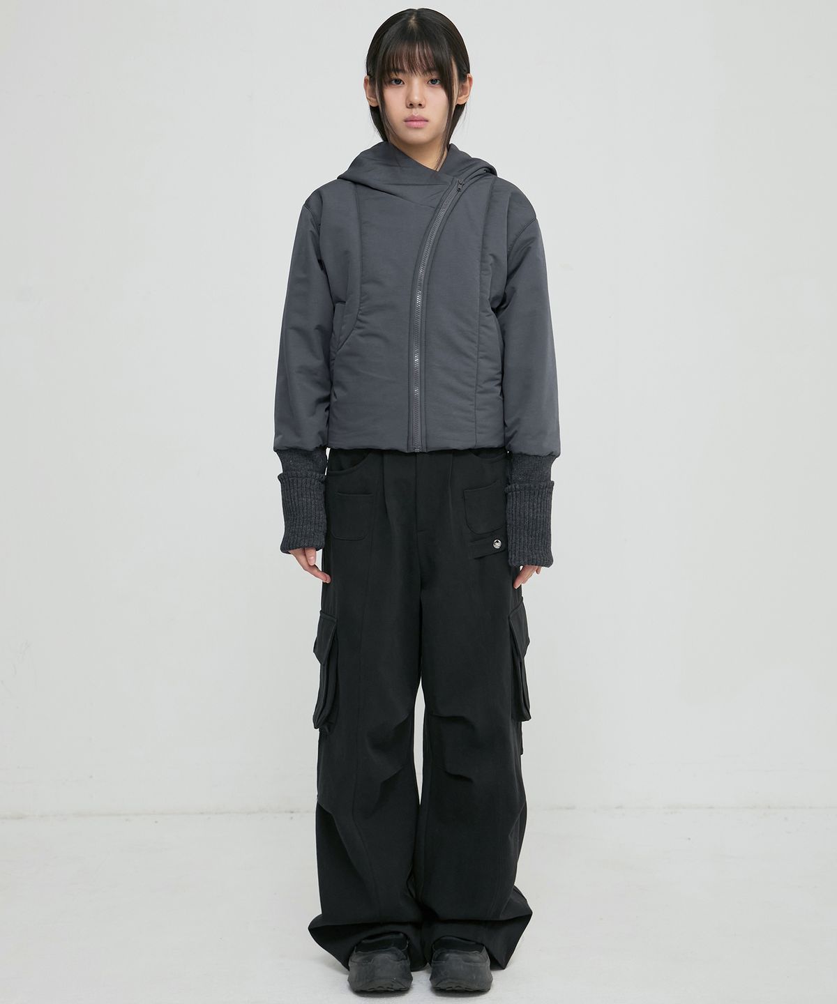 플레어업(FLAREUP) Hooded Asymmetrical Puffer Jacket (FL-053_Charcoal)