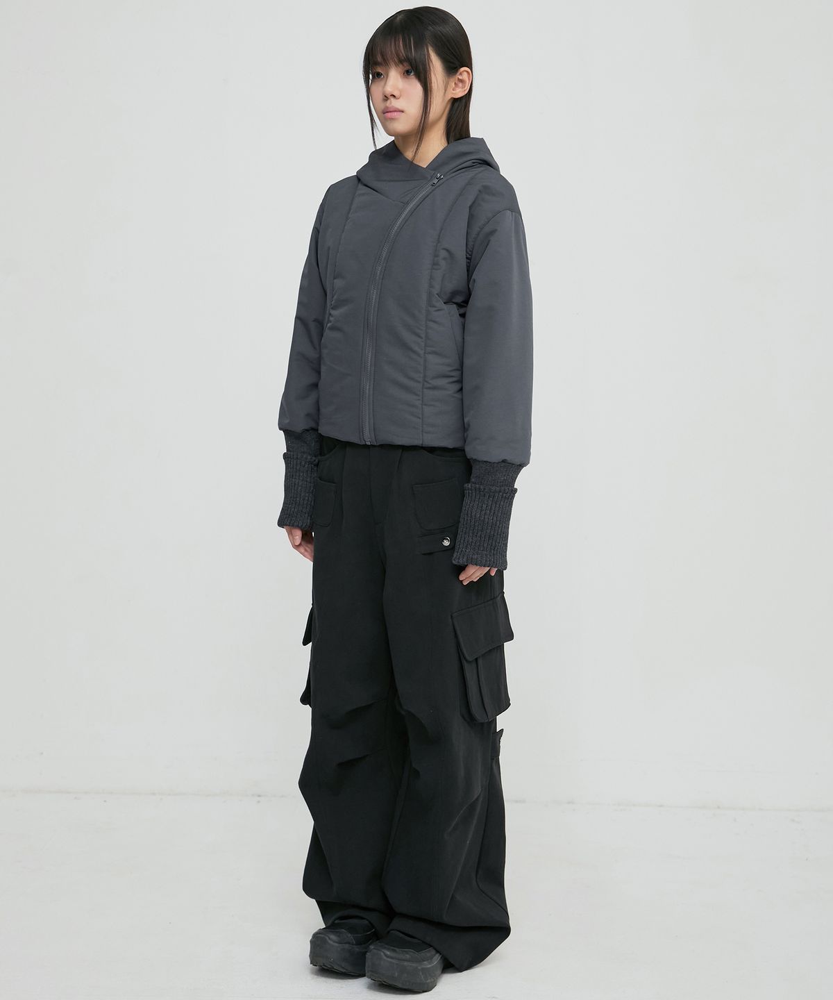 플레어업(FLAREUP) Hooded Asymmetrical Puffer Jacket (FL-053_Charcoal)