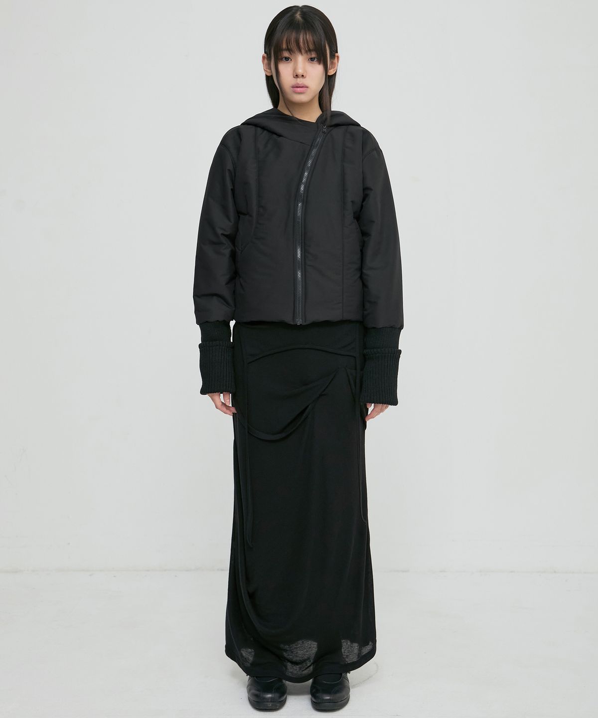 플레어업(FLAREUP) Hooded Asymmetrical Puffer Jacket (FL-053_Black)
