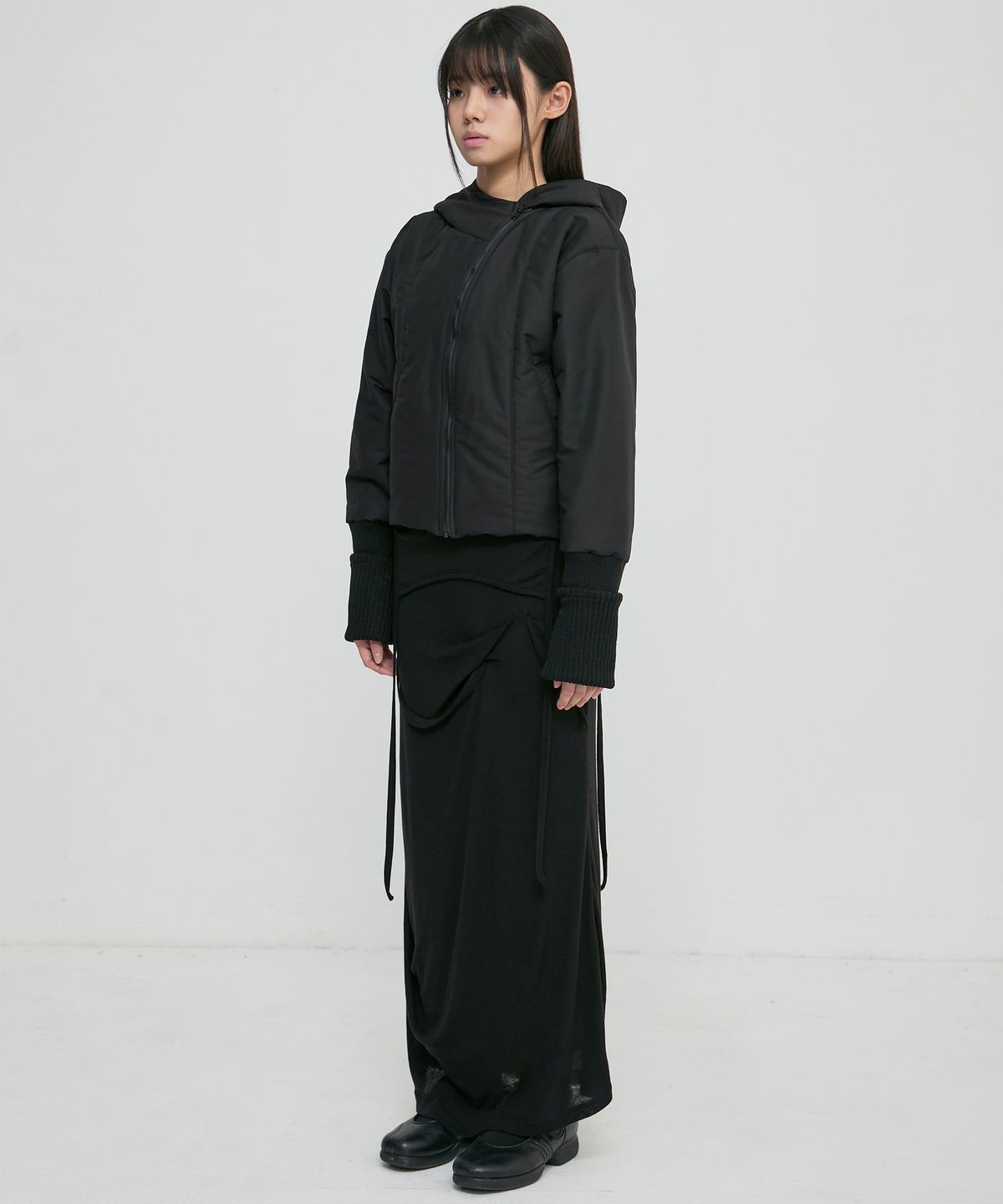플레어업(FLAREUP) Hooded Asymmetrical Puffer Jacket (FL-053_Black)