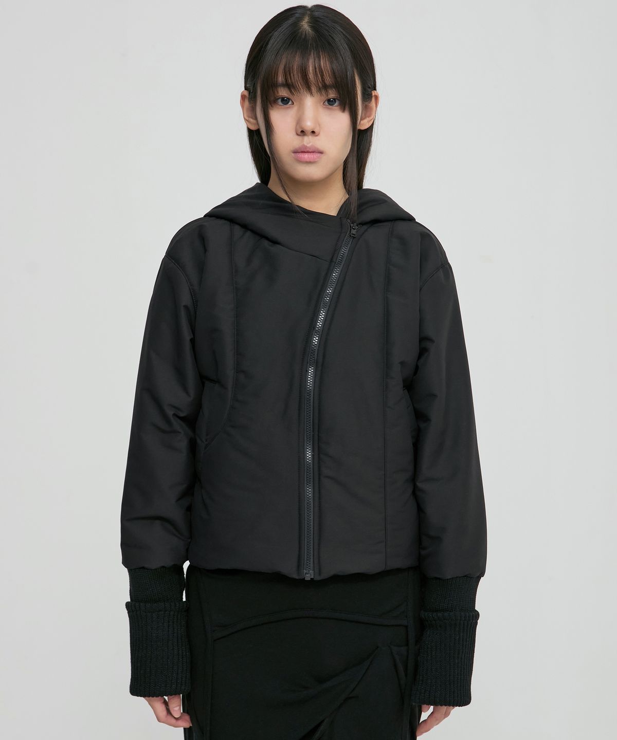 플레어업(FLAREUP) Hooded Asymmetrical Puffer Jacket (FL-053_Black)