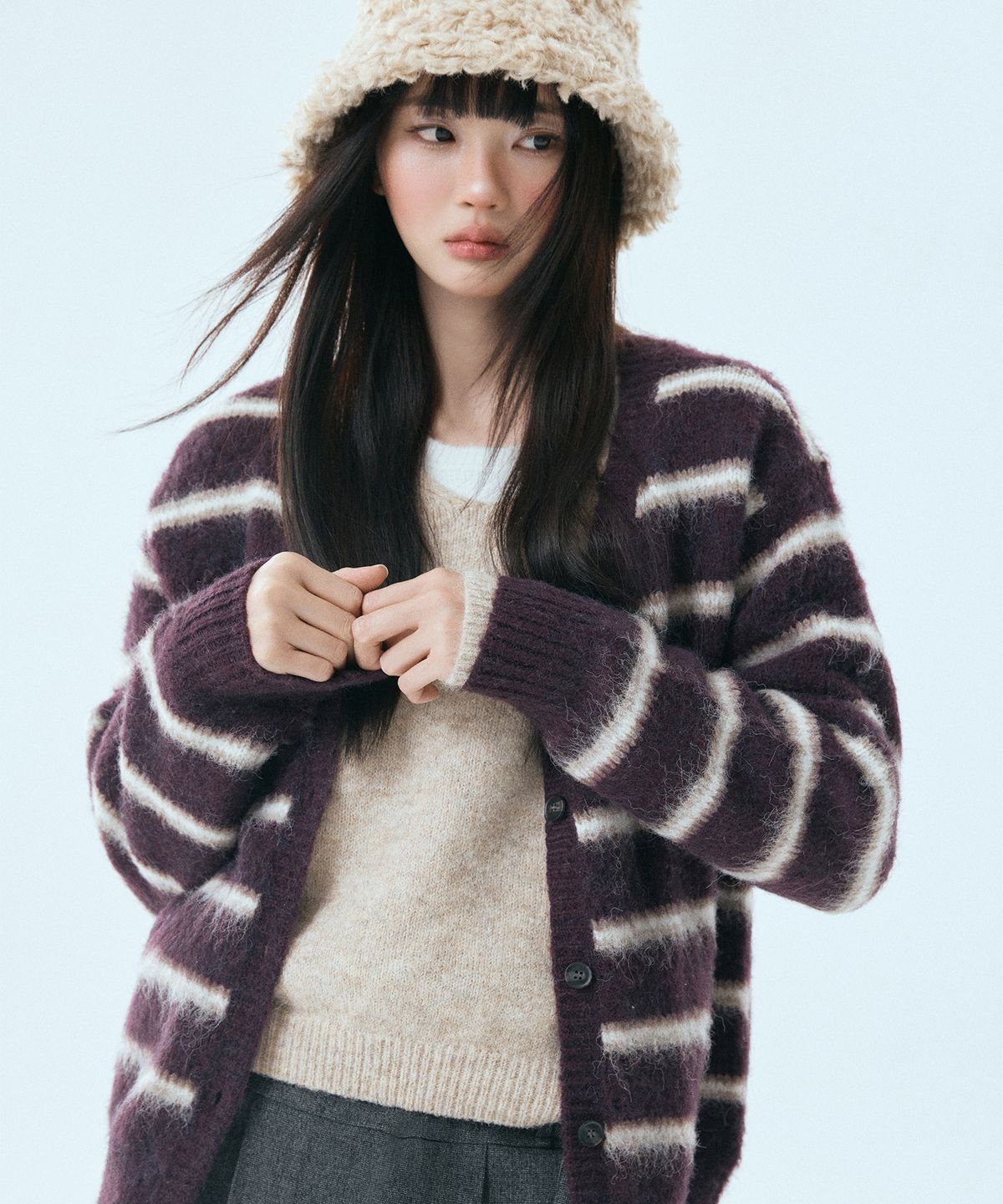 미쏘(MIXXO) [울블렌드] 헤어리 스트라이프 가디건_MIWCKFV09T