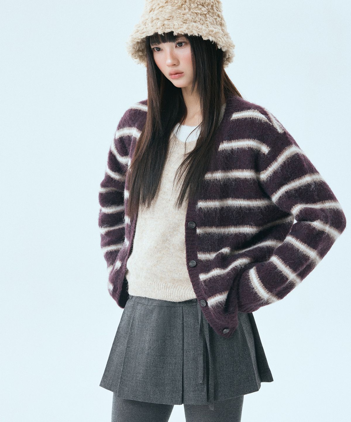 미쏘(MIXXO) [울블렌드] 헤어리 스트라이프 가디건_MIWCKFV09T