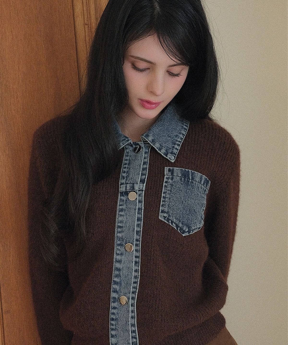 쿨키튼(KOOLKITTEN) [데일리/데님카라]데님 믹스 니트 가디건 3colors