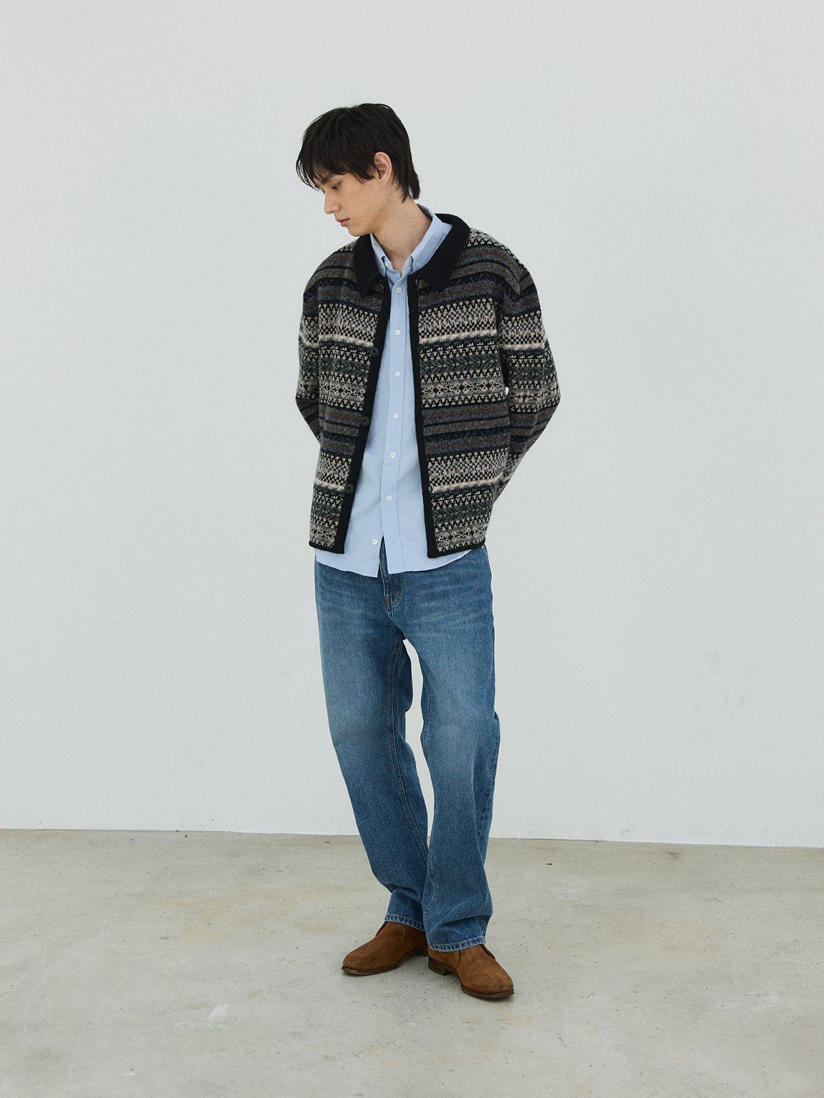 플라비즘(PLAVISM) Nest Jacquard Knit Cardigan - Dark Grey