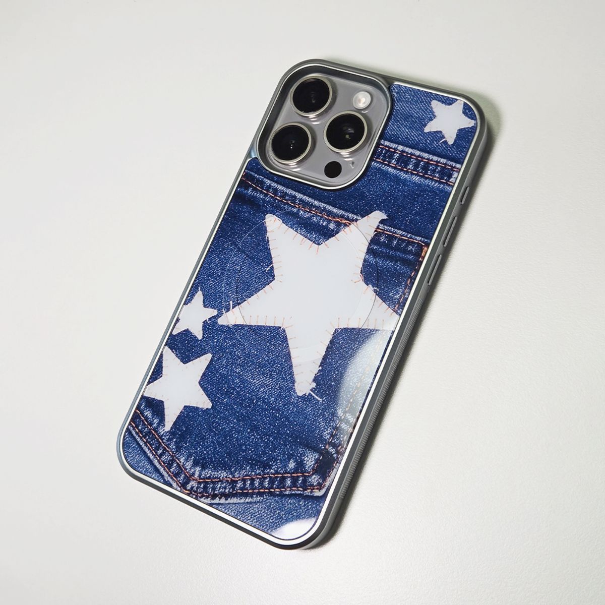 메모리즈바운더리(MEMORIESBOUNDARY) Patched Star Pocket Denim Case Heritage Blue (SV_Epoxy/MagSafe Glass)