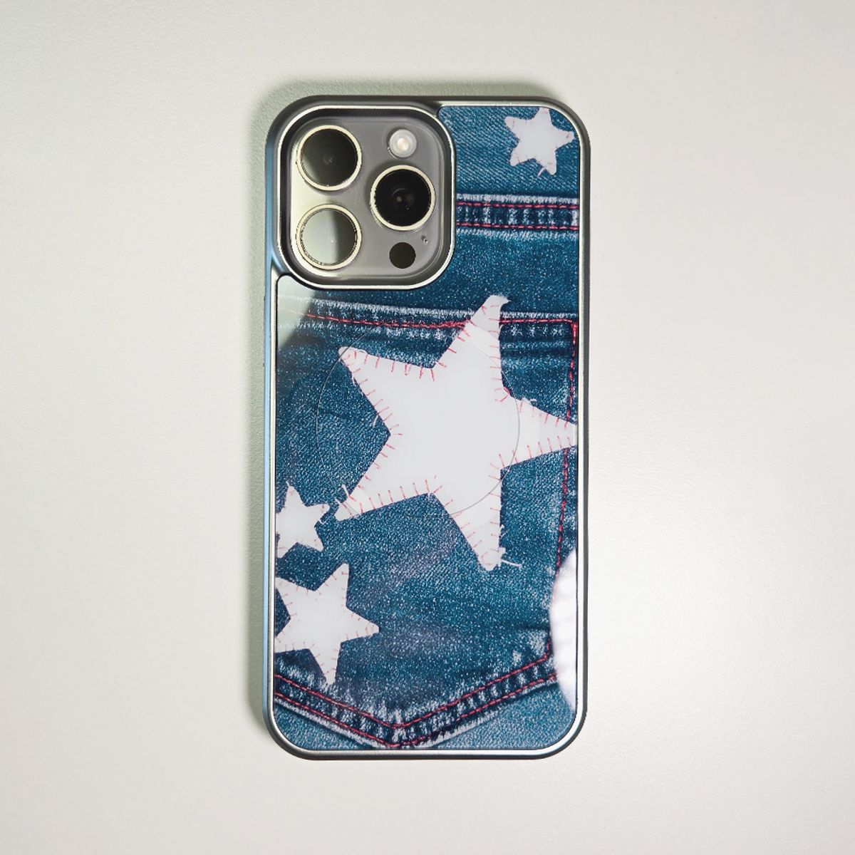 메모리즈바운더리(MEMORIESBOUNDARY) Patched Star Pocket Denim Case Wash Blue (SV_Epoxy/MagSafe Glass)