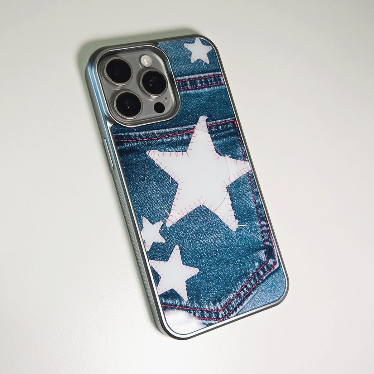 메모리즈바운더리(MEMORIESBOUNDARY) Patched Star Pocket Denim Case Wash Blue (SV_Epoxy/MagSafe Glass)