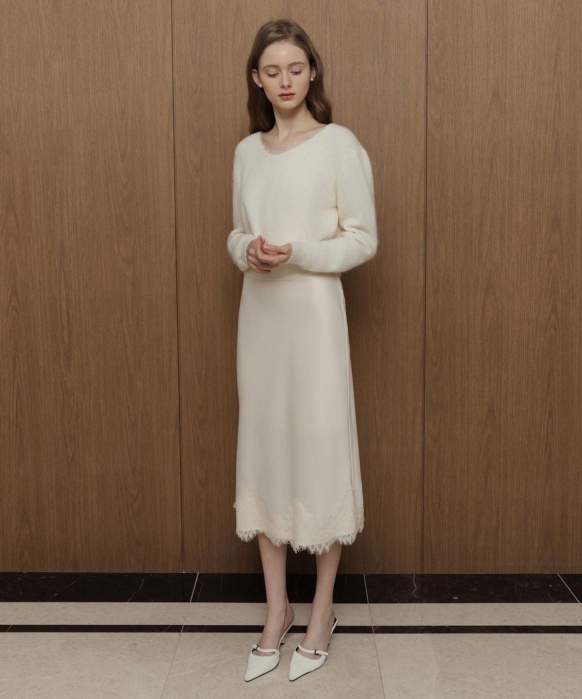 로트르드민(LAUTREDE MIN) Lautre Lace Ivory Satin flare skirt