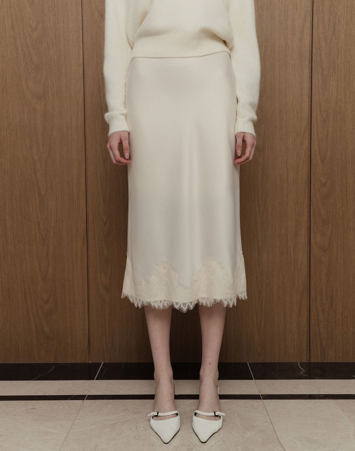로트르드민(LAUTREDE MIN) Lautre Lace Ivory Satin flare skirt