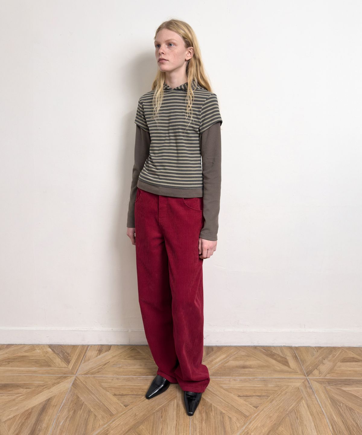 다이애그널(DIAGONAL) STRIPE HOODIE LAYERED TEE (khaki)