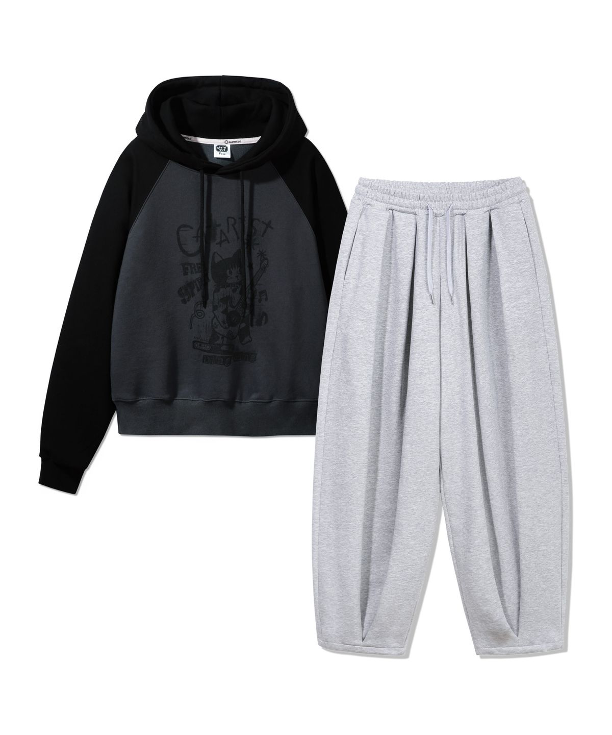 앨빈클로(ALVINCLO) [SET] 카타리스트 래글런 크롭 후드티 벌룬 와이드 팬츠 셋업