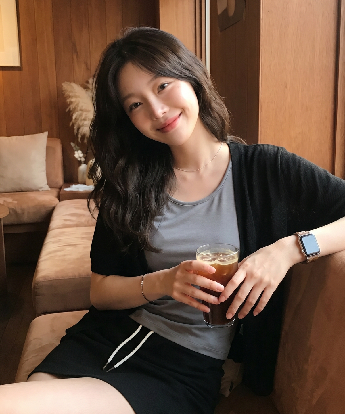 베이직하우스(BASIC HOUSE) 여성 U넥 오버핏 스판 반팔티셔츠 다크그레이