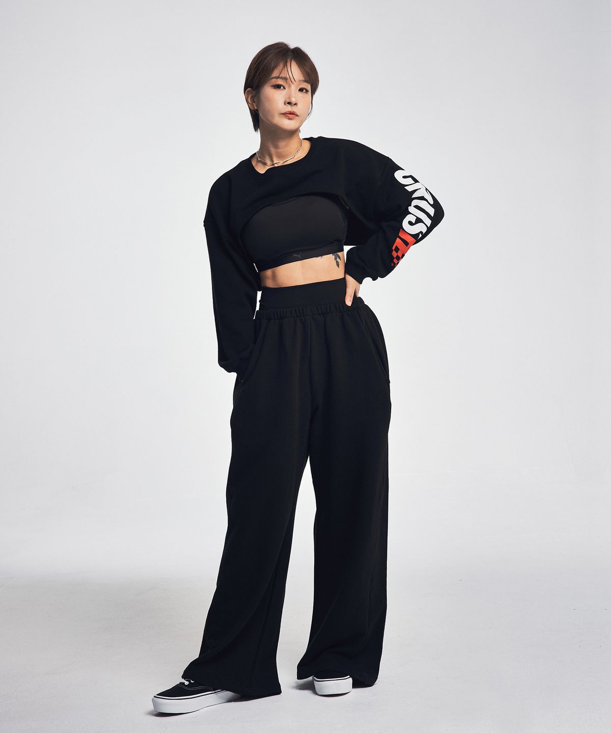 크러쉬 스타일(CRUSHST) 페이크 레깅스  와이드 스웻팬츠 블랙