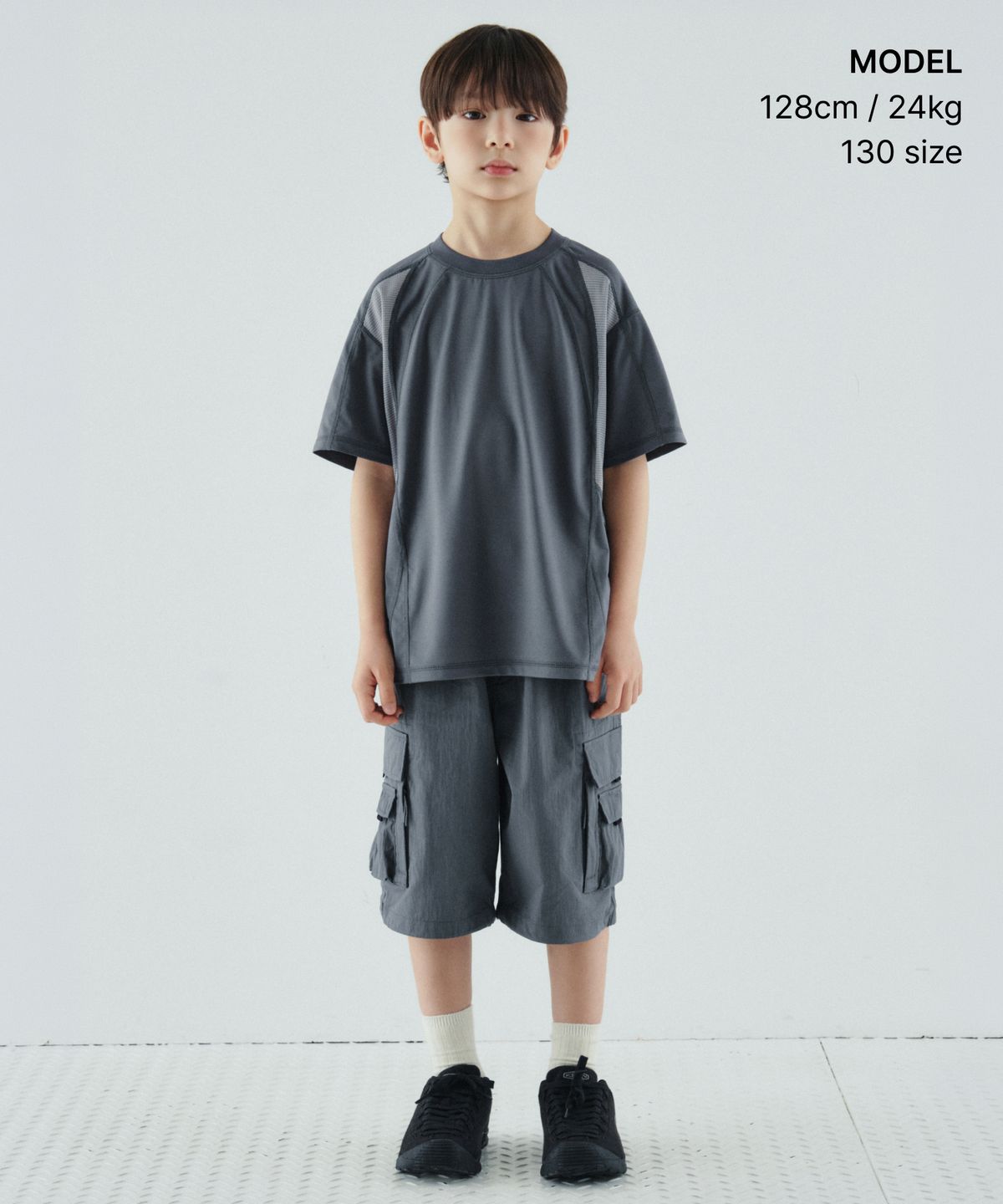 무신사 스탠다드 키즈(MUSINSA STANDARD KIDS) [시티 레저] CN 벨티드 멀티 포켓 카고 버뮤다 팬츠 [블루 그레이]