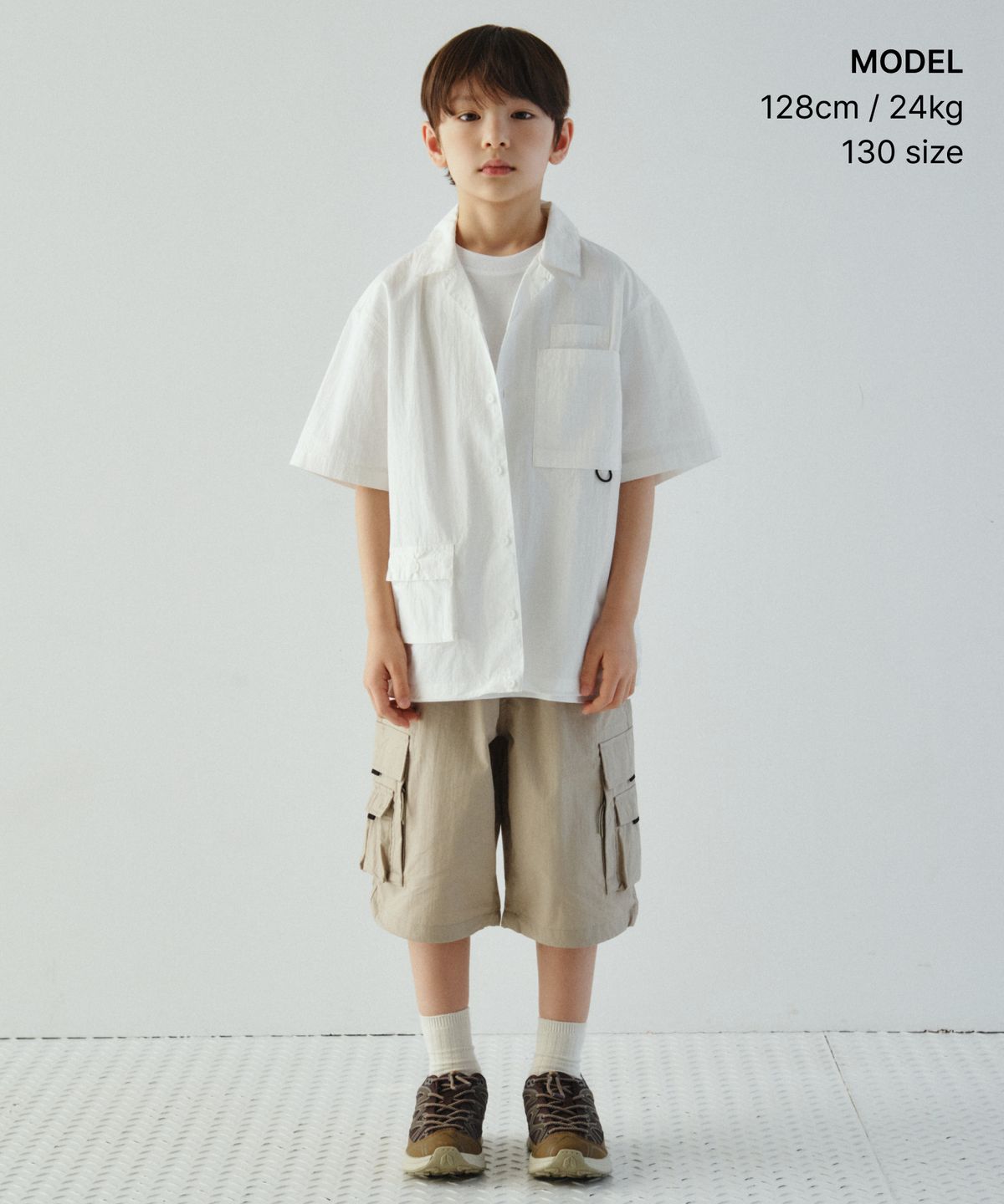 무신사 스탠다드 키즈(MUSINSA STANDARD KIDS) [시티 레저] CN 벨티드 멀티 포켓 카고 버뮤다 팬츠 [그레이쉬 베이지]