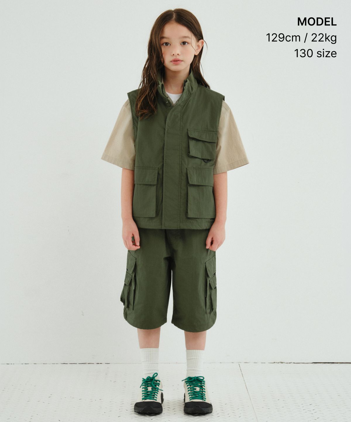 무신사 스탠다드 키즈(MUSINSA STANDARD KIDS) [시티 레저] CN 벨티드 멀티 포켓 카고 버뮤다 팬츠 [카키]