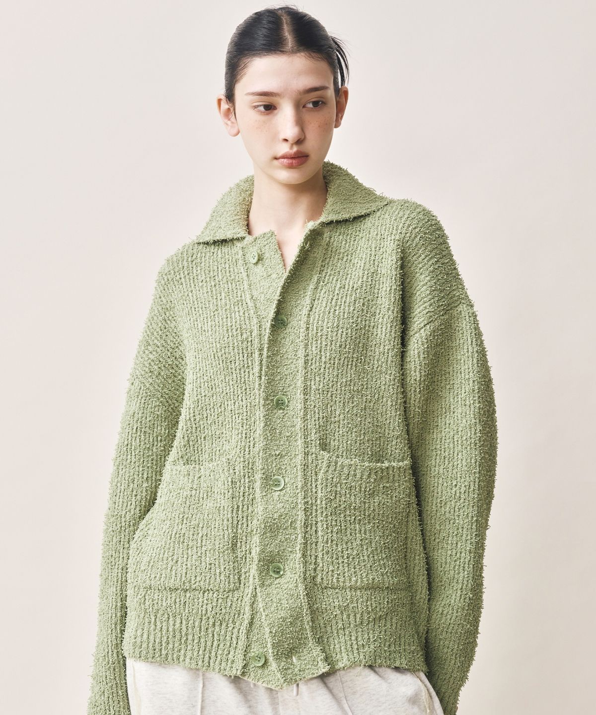 닉앤니콜(NICK&NICOLE) BOUCLE COLLAR KNIT CARDIGAN_OLIVE