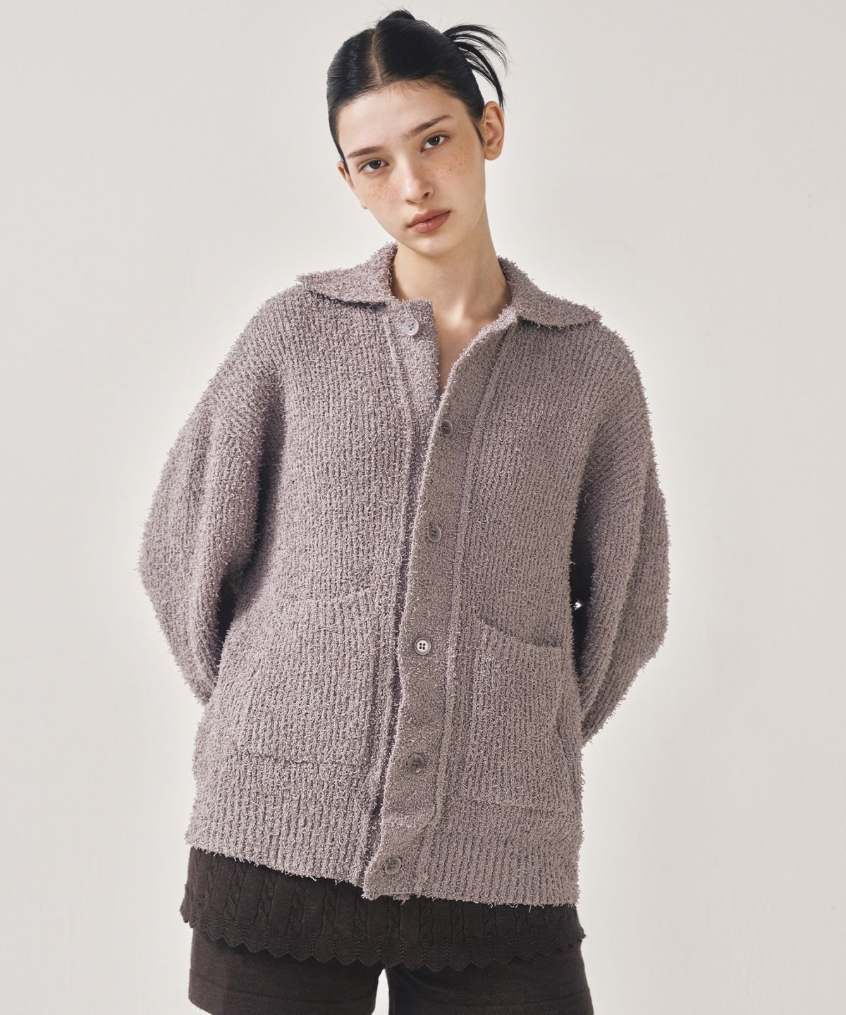닉앤니콜(NICK&NICOLE) BOUCLE COLLAR KNIT CARDIGAN_GRAY
