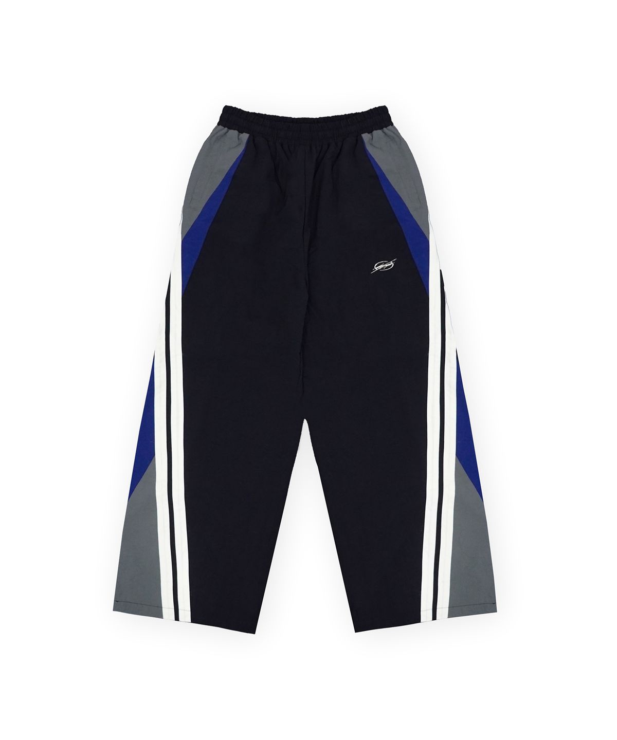 더랭크(THERANK) DIVIDED CHROME LOGO TRACK PANTS [BLACK / BLUE]