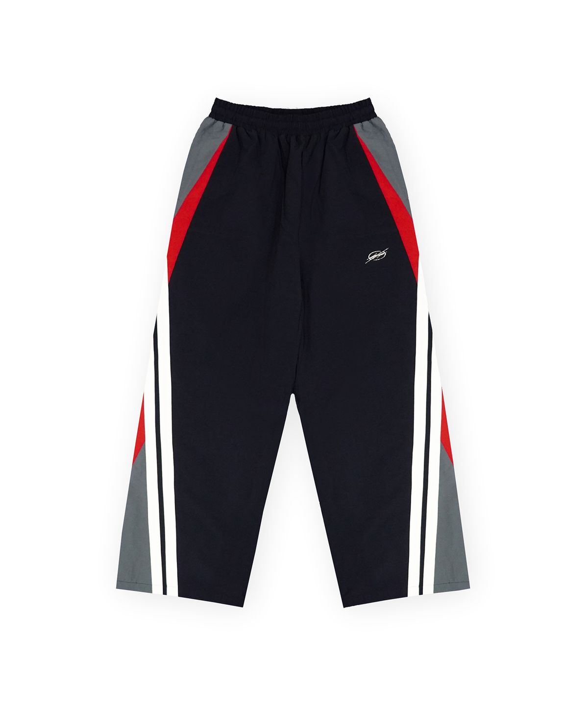 더랭크(THERANK) DIVIDED CHROME LOGO TRACK PANTS [BLACK / RED]