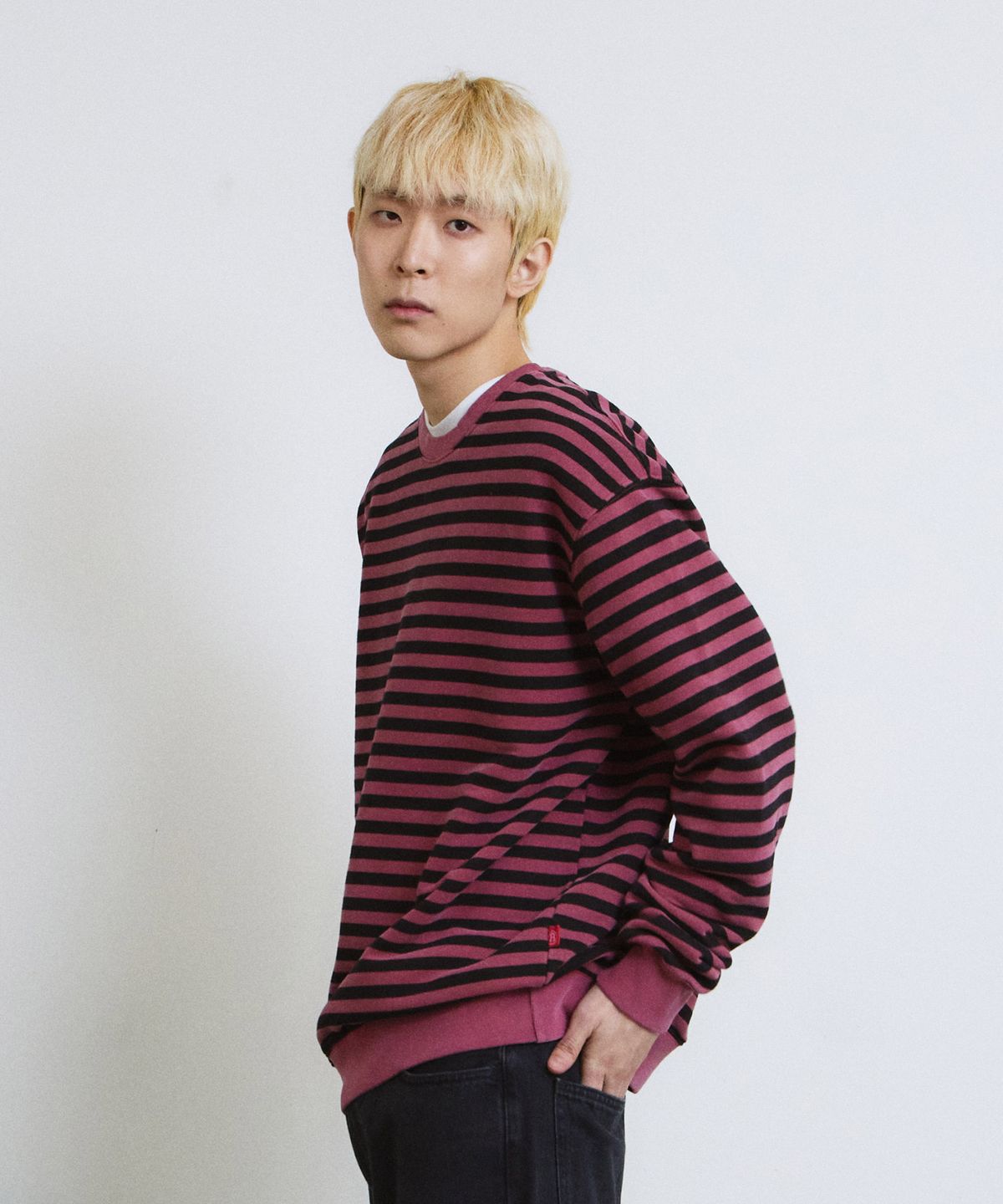에이던엠(ADERNM) PIGMENT DYED STRIPE LINE SWEATSHIRT (BURGUNDY)