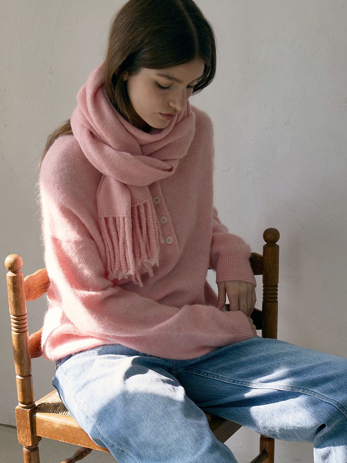 졸리앙볼(JOLIEENVOL) Alpaca Wool Henry Sweater - over fit (powdered rose)
