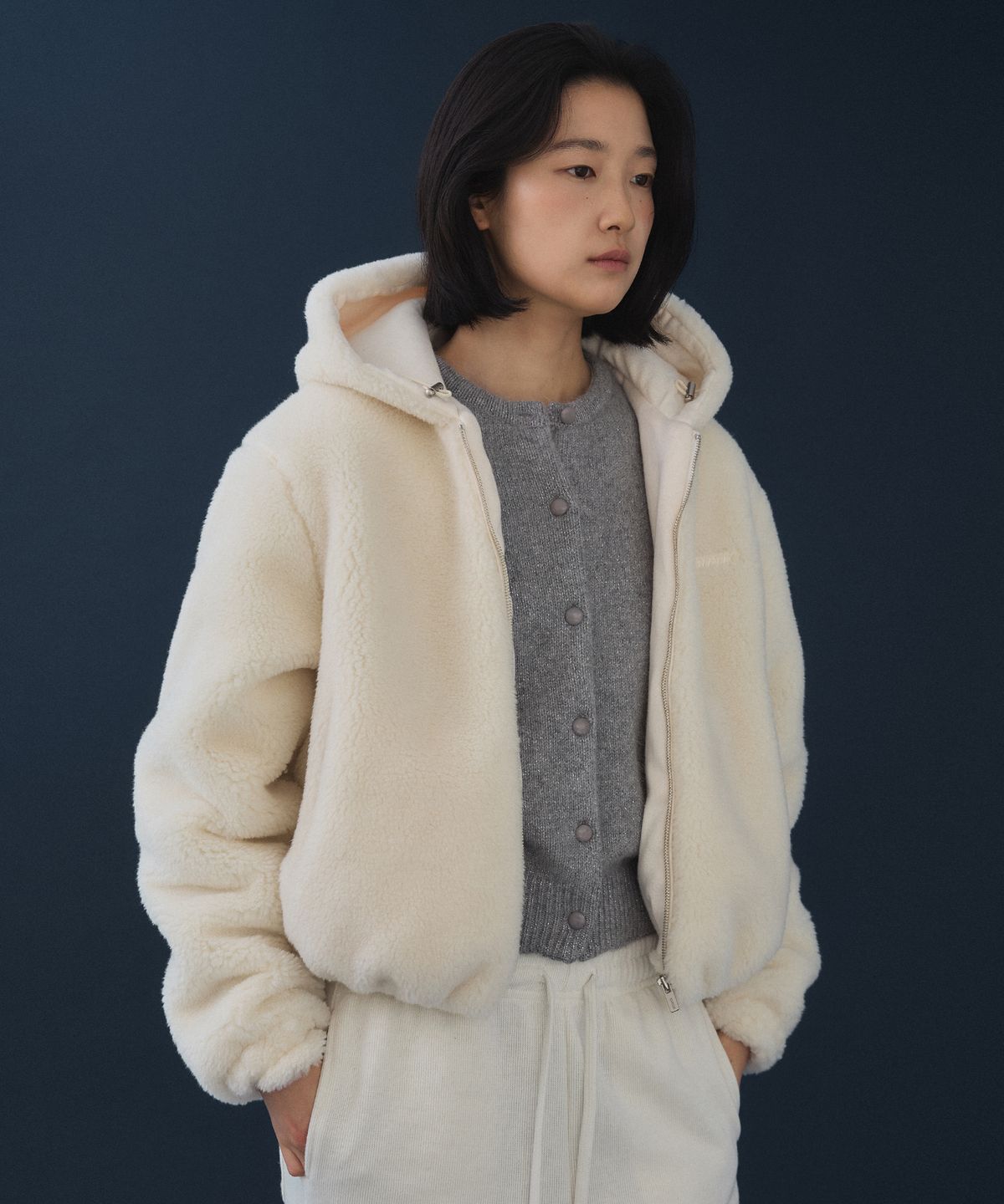 호와스(HOWUS) TEDDY HOODED FUR JACKET (IVORY)