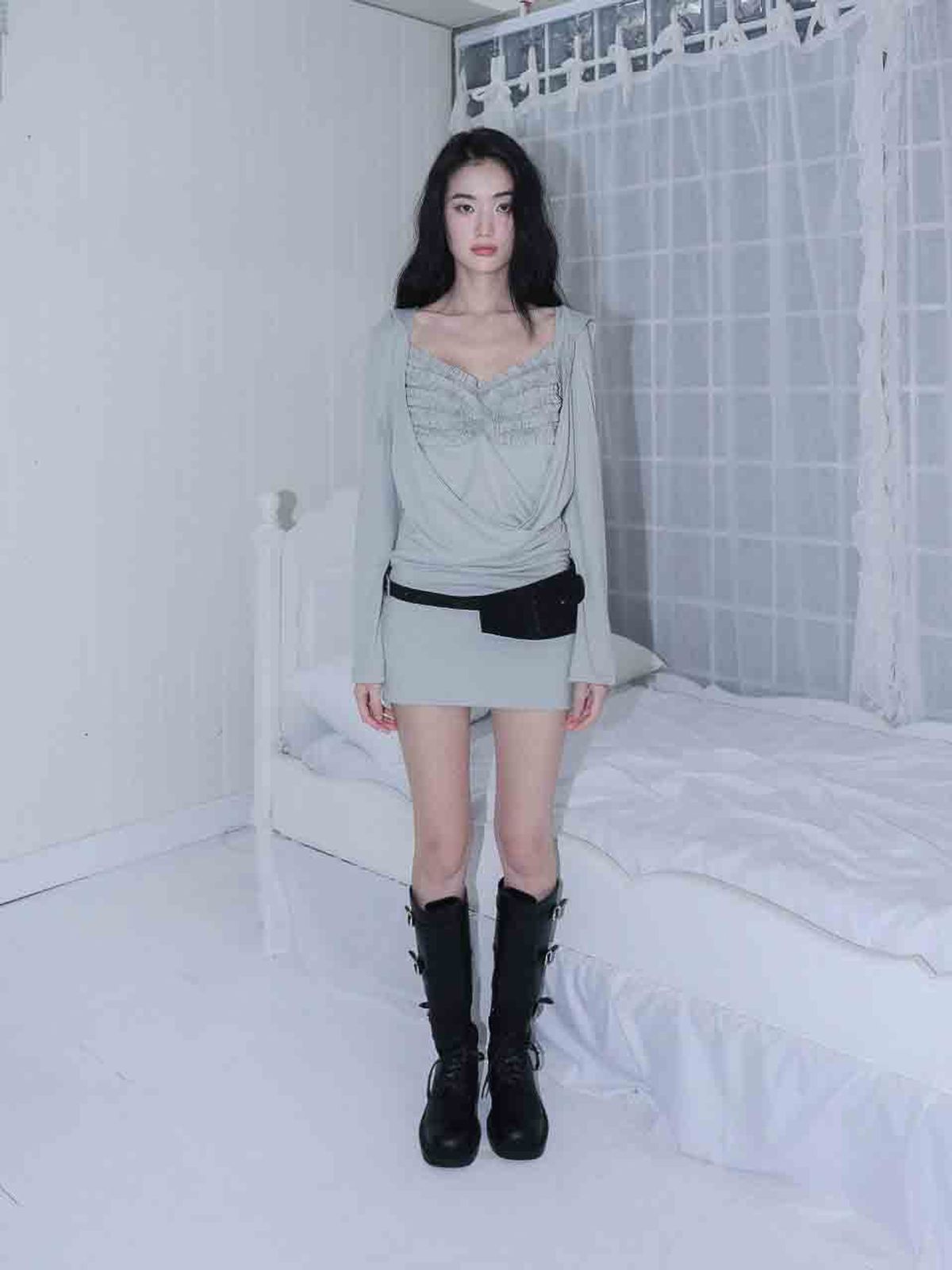엘프엘프엘프 아카이브스(ELFELFELF ARCHIVES) 드래이프 후디 드레스 [민트그레이]