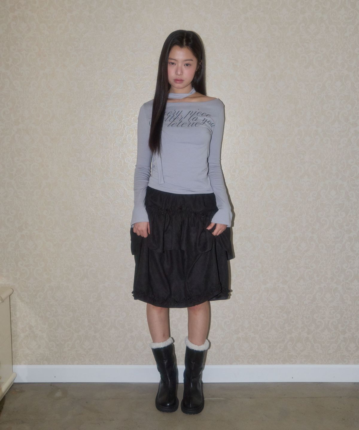 레터리(LETERIE) SHIRRING CANCAN MIDI SKIRT_BLACK