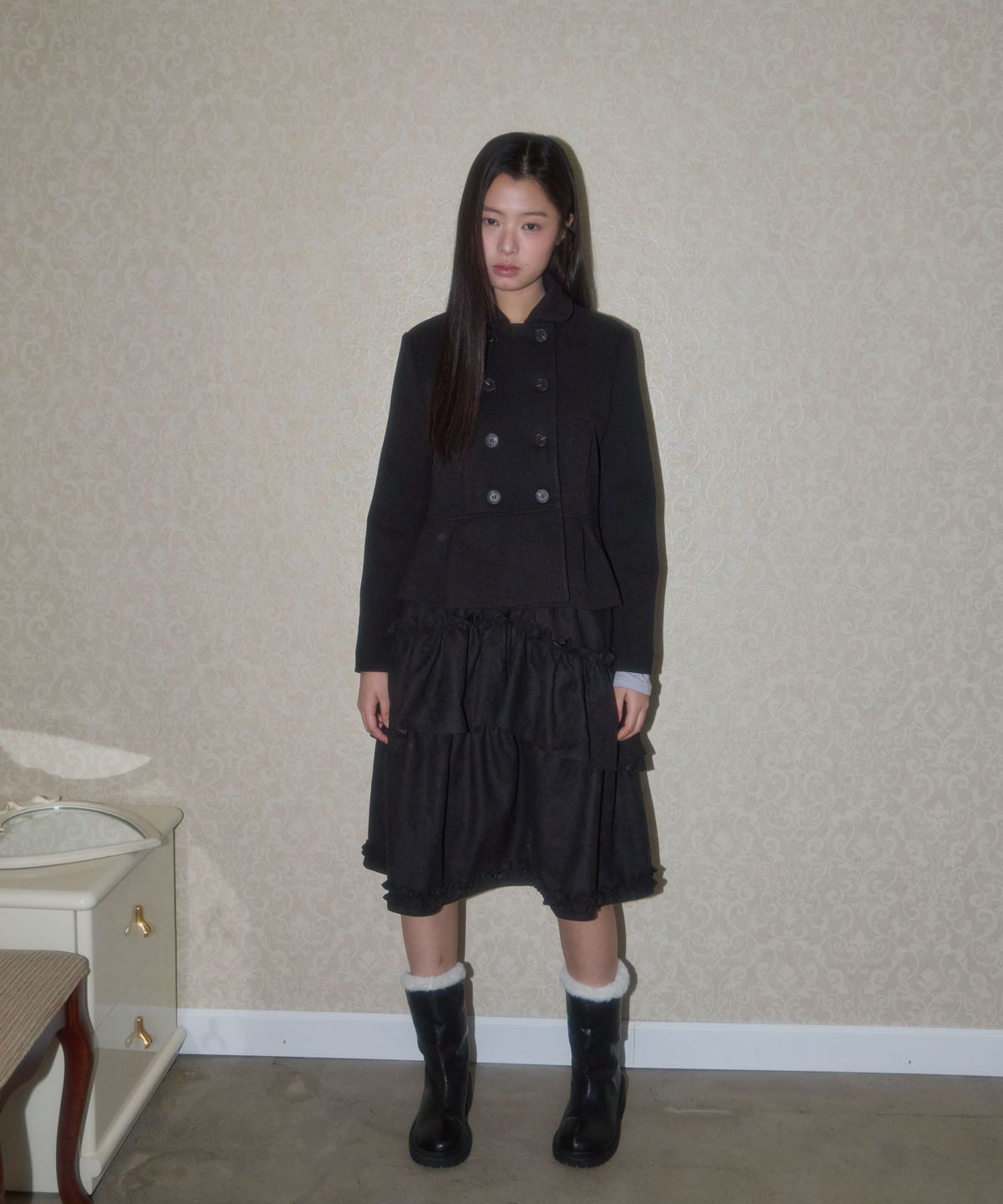 레터리(LETERIE) SHIRRING CANCAN MIDI SKIRT_BLACK