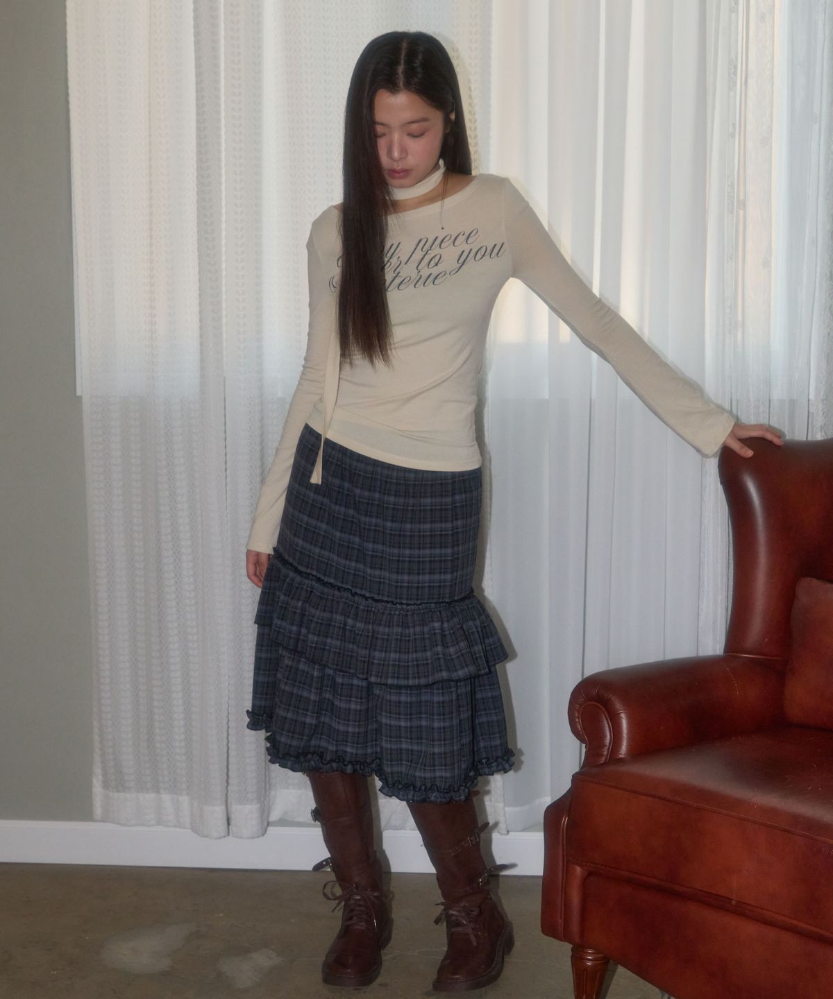 레터리(LETERIE) CHECK CANCAN MIDI SKIRT_BLUE