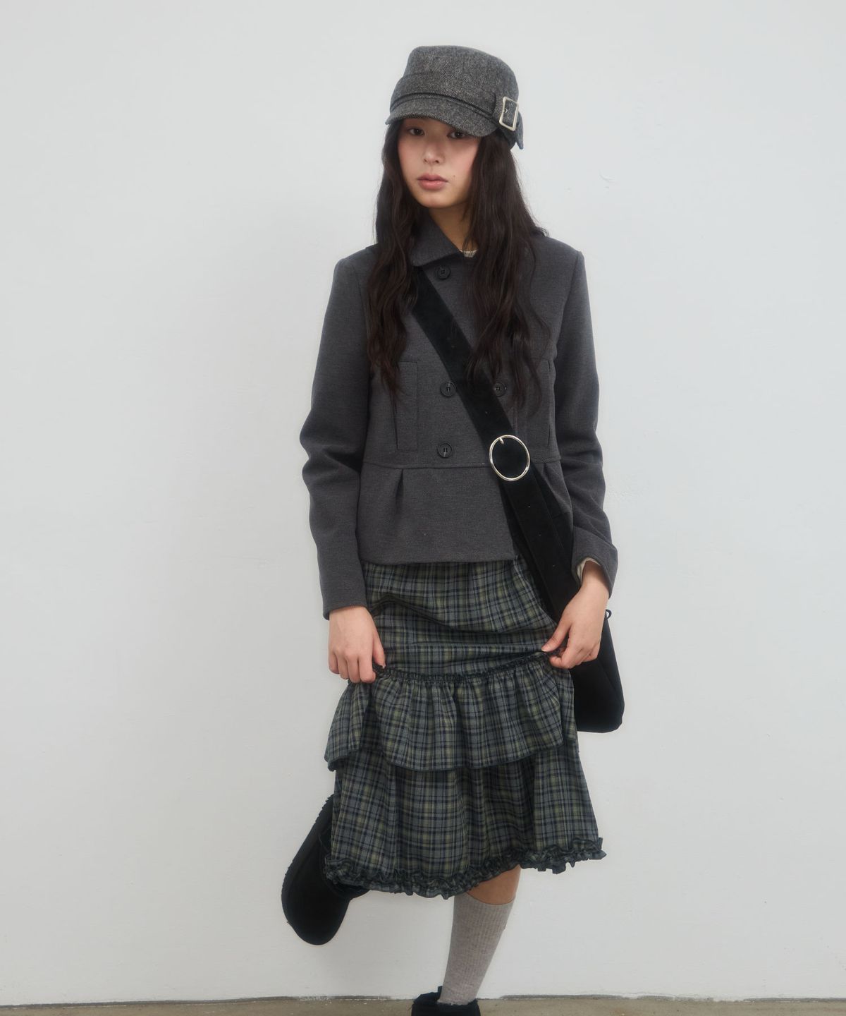 레터리(LETERIE) CHECK CANCAN MIDI SKIRT_GREEN