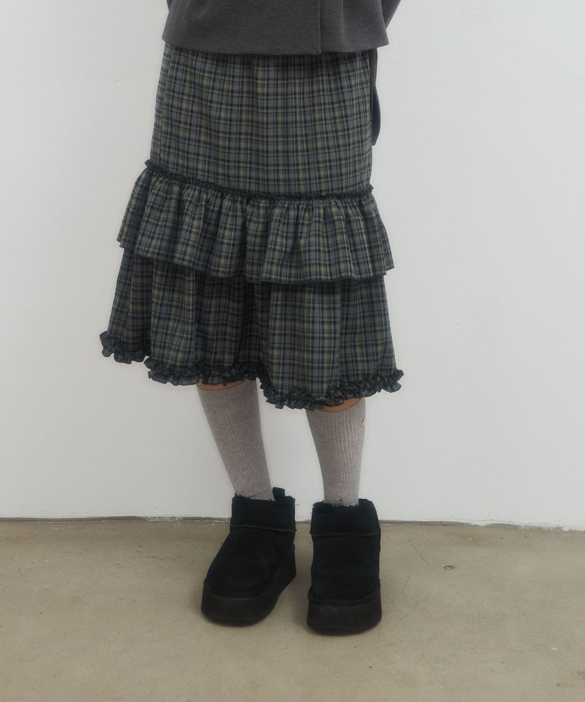 레터리(LETERIE) CHECK CANCAN MIDI SKIRT_GREEN