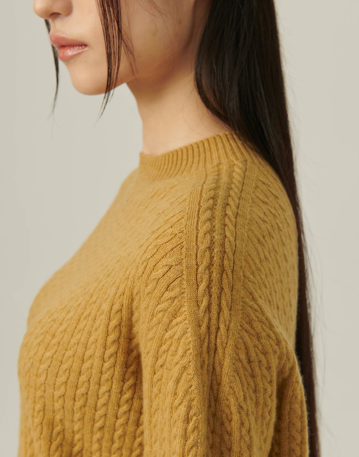 베이스스레드(BASETHREAD) Dense Cable Knit Mid Sleeve Pullover_MUSTARD