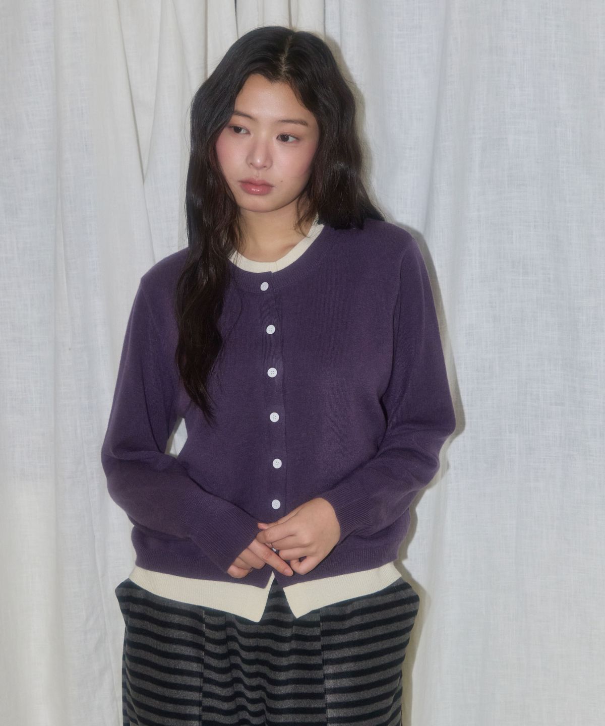 레터리(LETERIE) LR BASIC LAYERED CARDIGAN_PURPLE