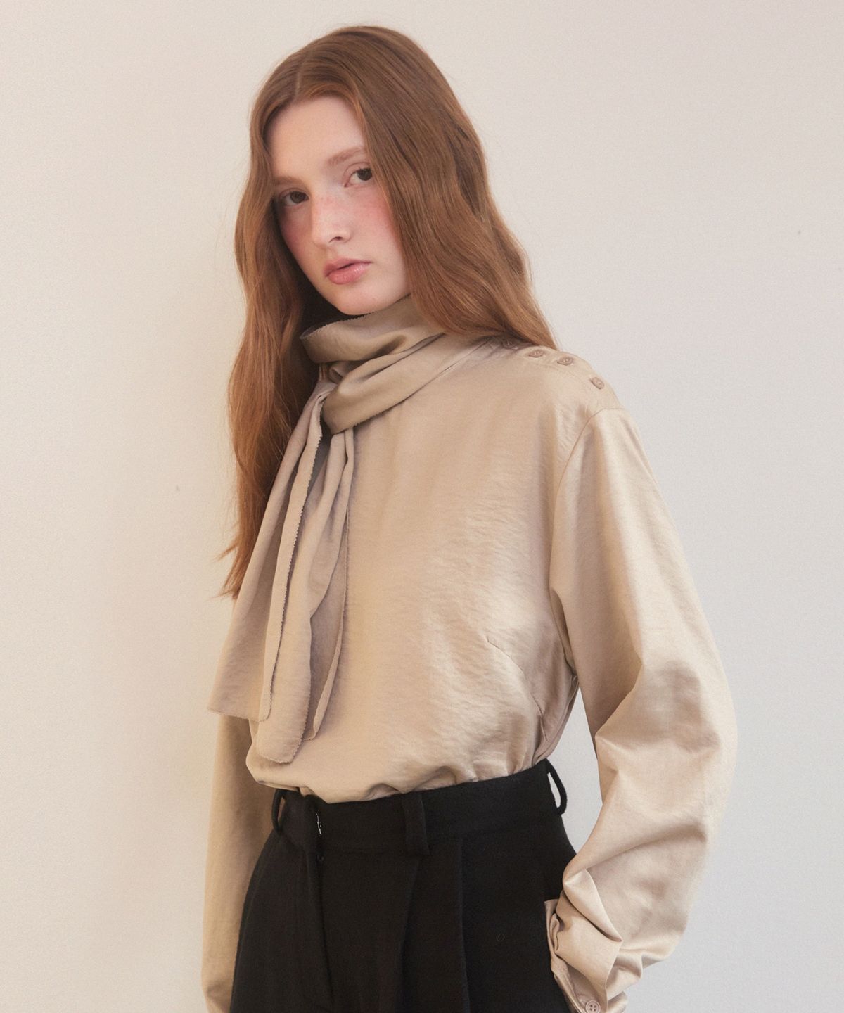 어다울(ADAUL) Satin side button scarf neck blouse - beige