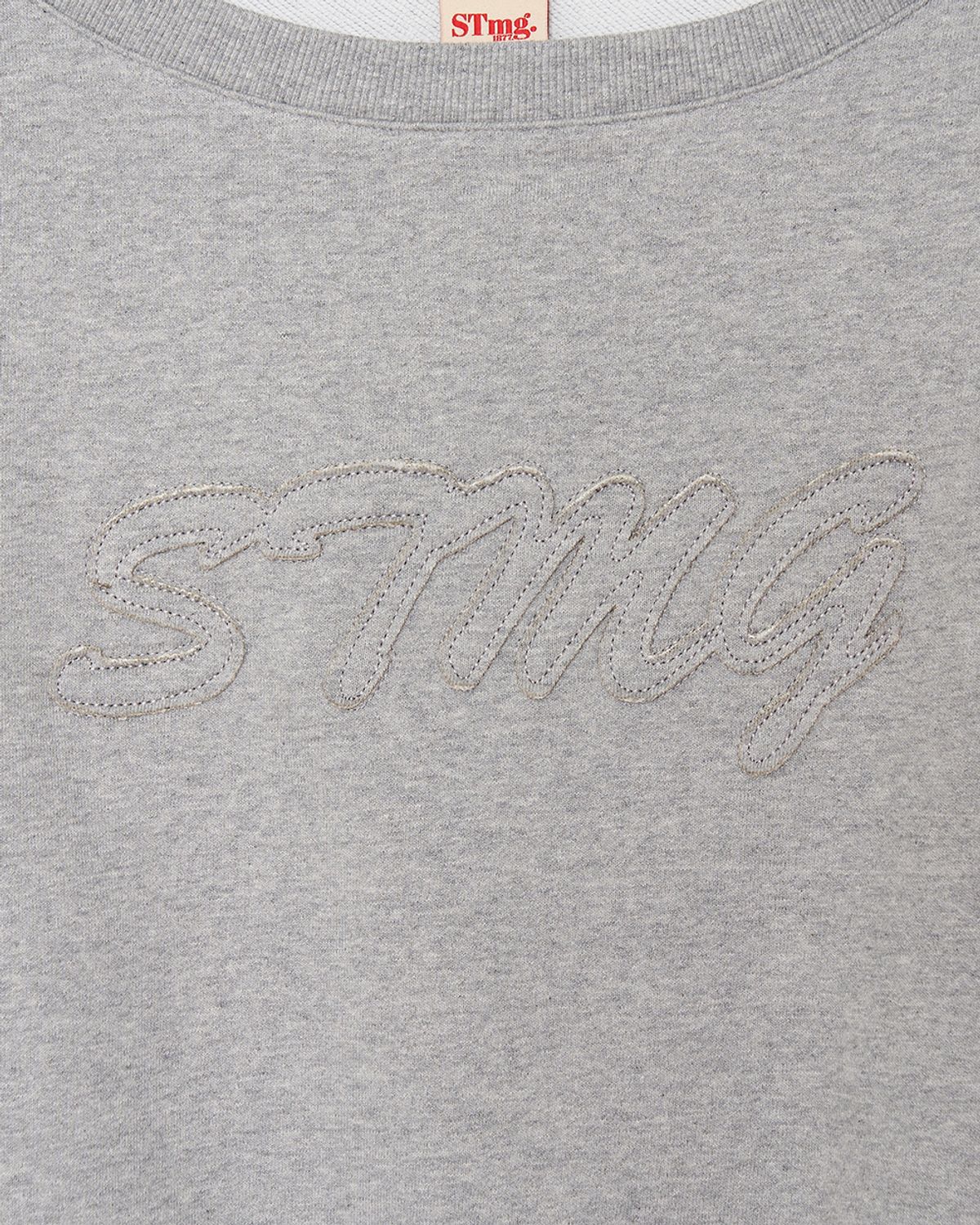 스트라이프마가린(STMG) 레터링 아플리케 오프 원숄더 스웻 셔츠 그레이
