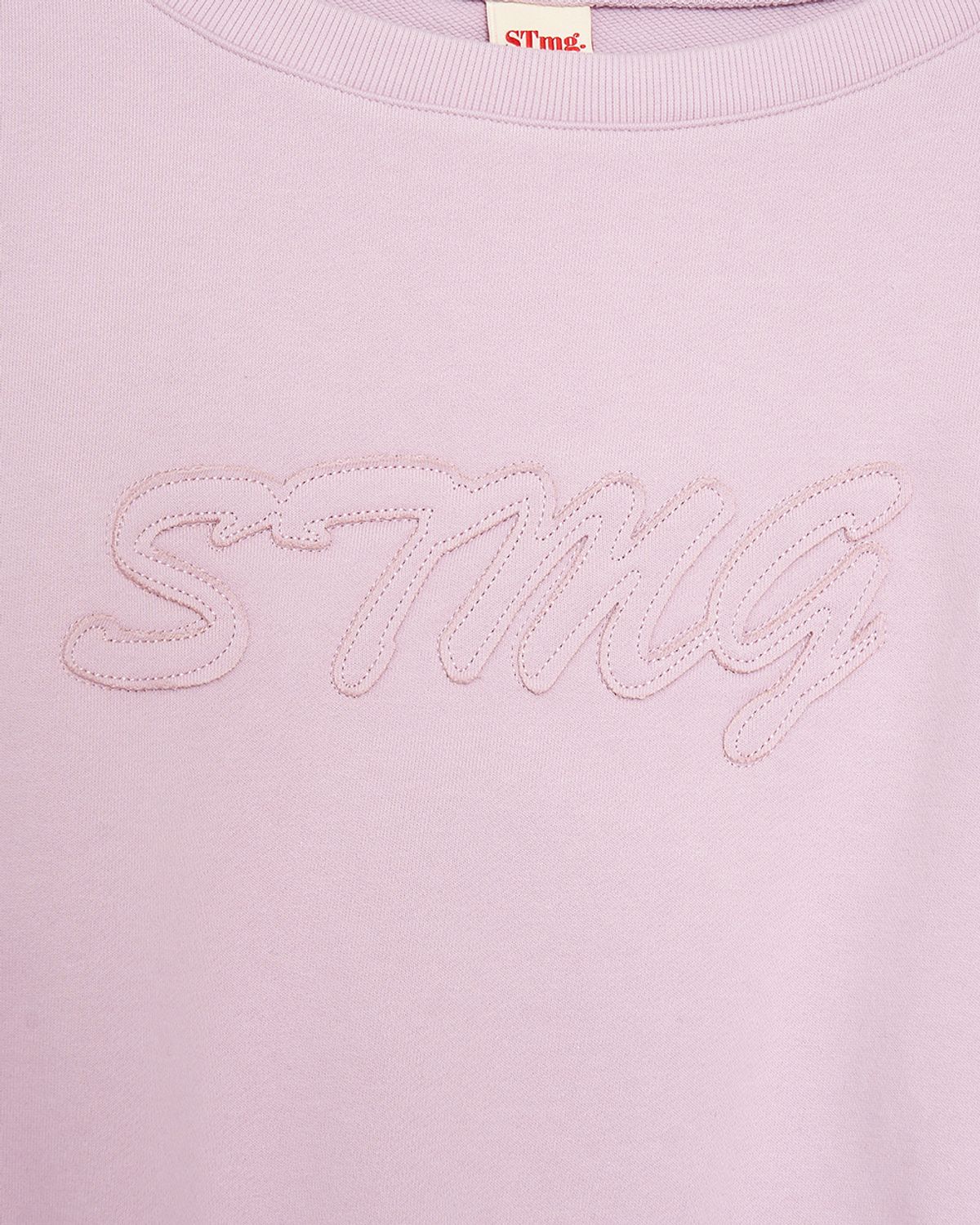 스트라이프마가린(STMG) 레터링 아플리케 오프 원숄더 스웻 셔츠 핑크