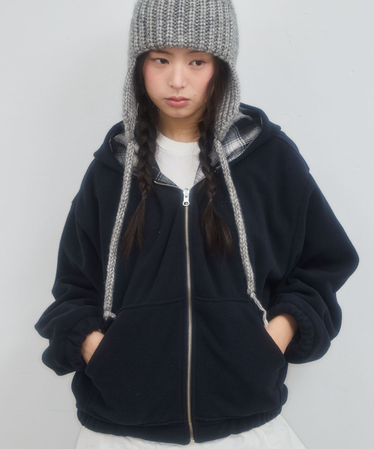 레터리(LETERIE) CHECK REVERSIBLE HOOD ZIP-UP_NAVY