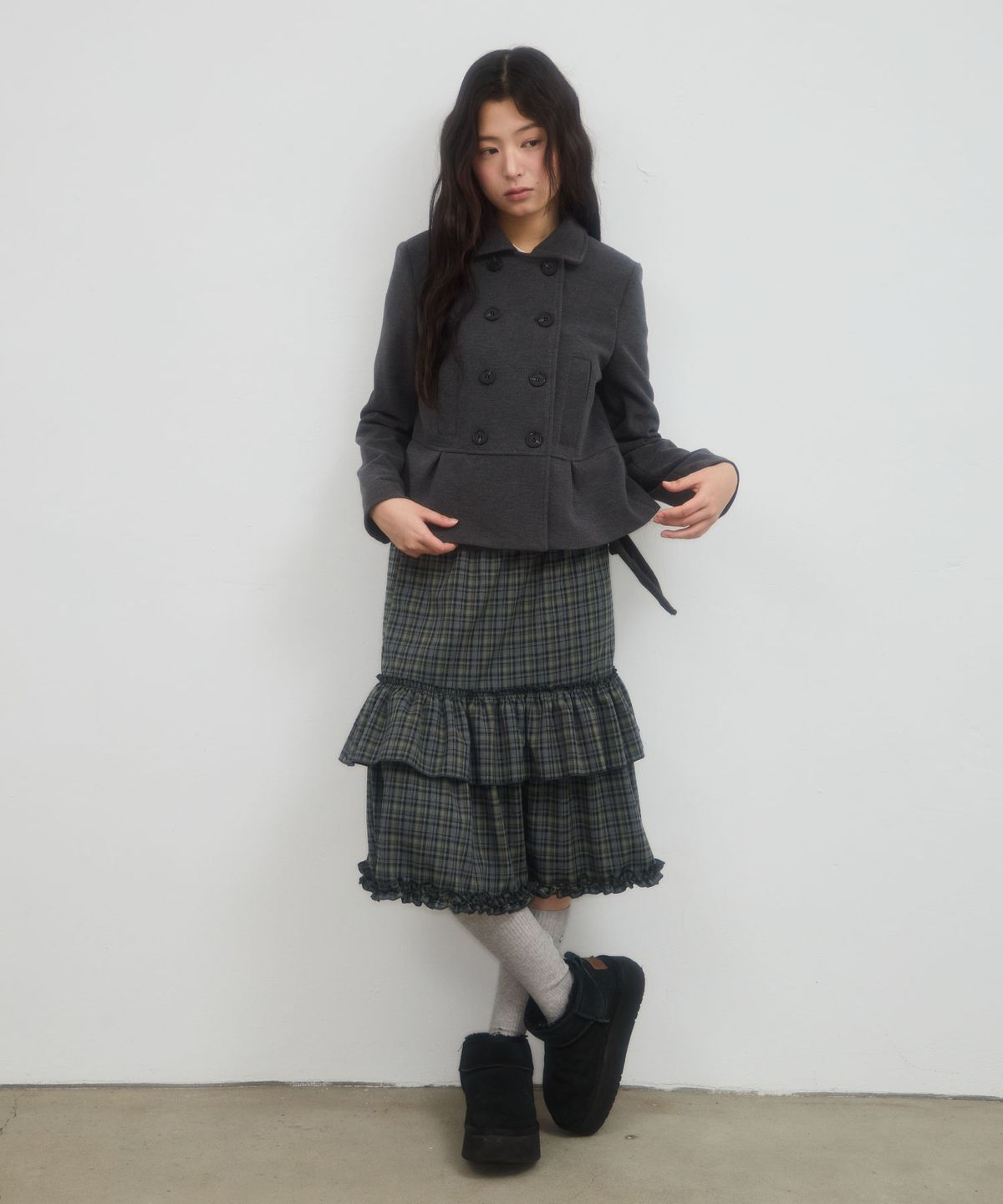 레터리(LETERIE) DOUBLE-BUTTON PLEATED COAT_CHARCOAL
