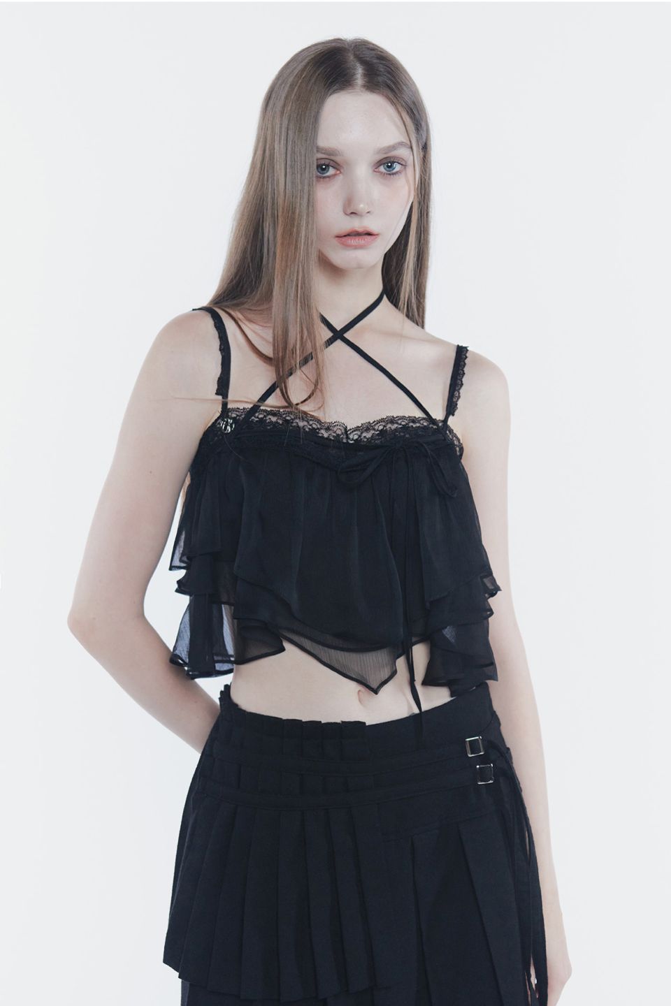 MUSINSA | PAINORPLEASURE MERMAID FRILL TOP black
