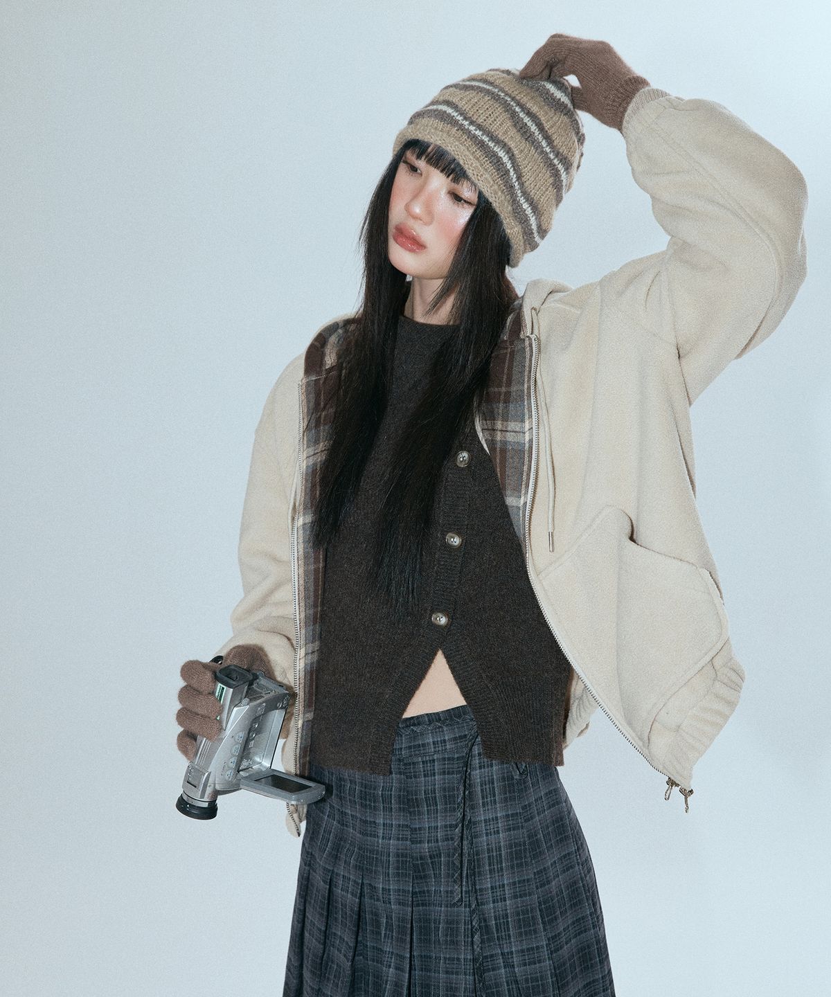 미쏘(MIXXO) 체크배색 플리스후드 집업_MIWJMG137C