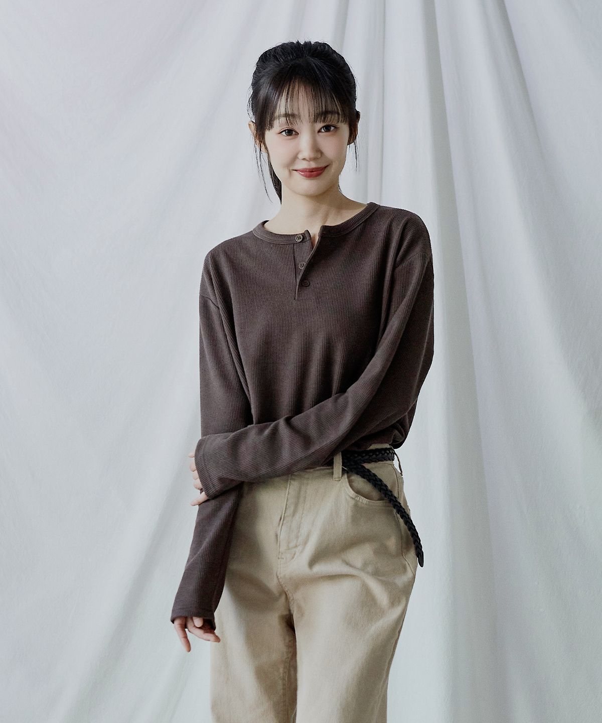 폴리그램(POLYGRAM) 리브드 세미 크롭 핸리넥 롱슬리브 - 5COLOR
