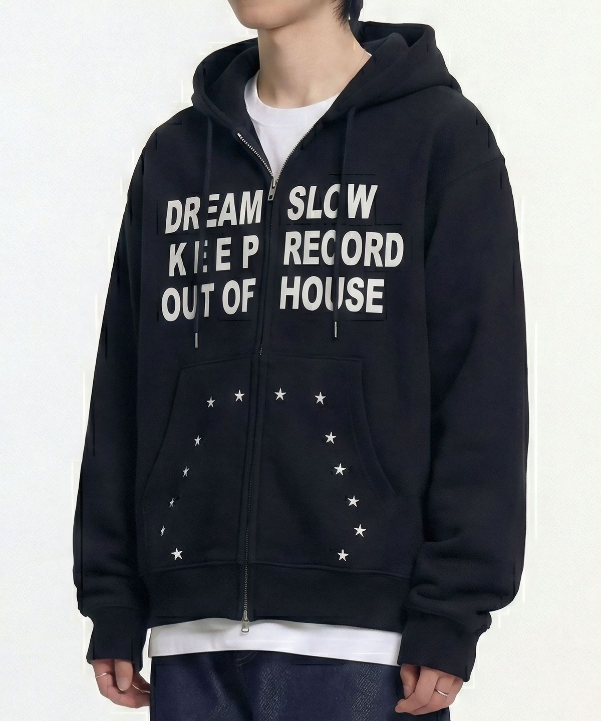 슬로우 레코드 하우스(SLOW RECORD HOUSE) 타이포 스타 후드 집업_블랙